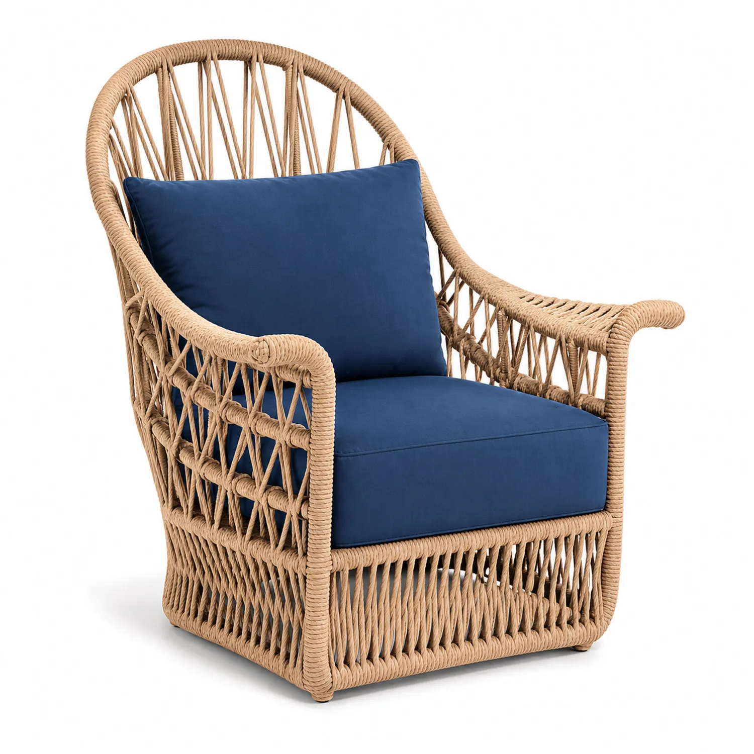 Sillón de exterior con estructura de mimbre y cojines de poliéster azul