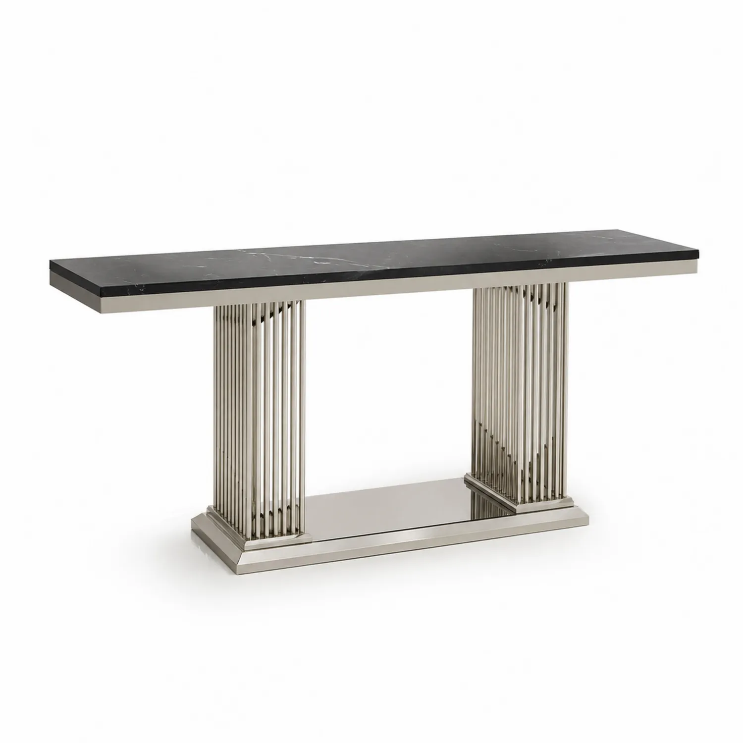 Mesa recibidor de mármol negro y base de acero inoxidable