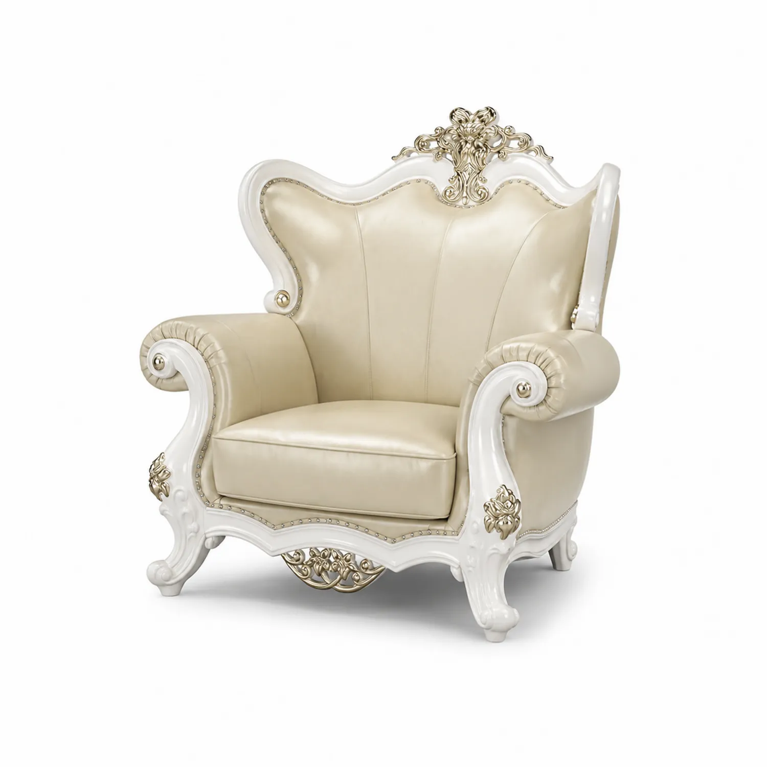 Sillón Barroco en Madera y Cuero Sintético Beige con Detalles Dorados