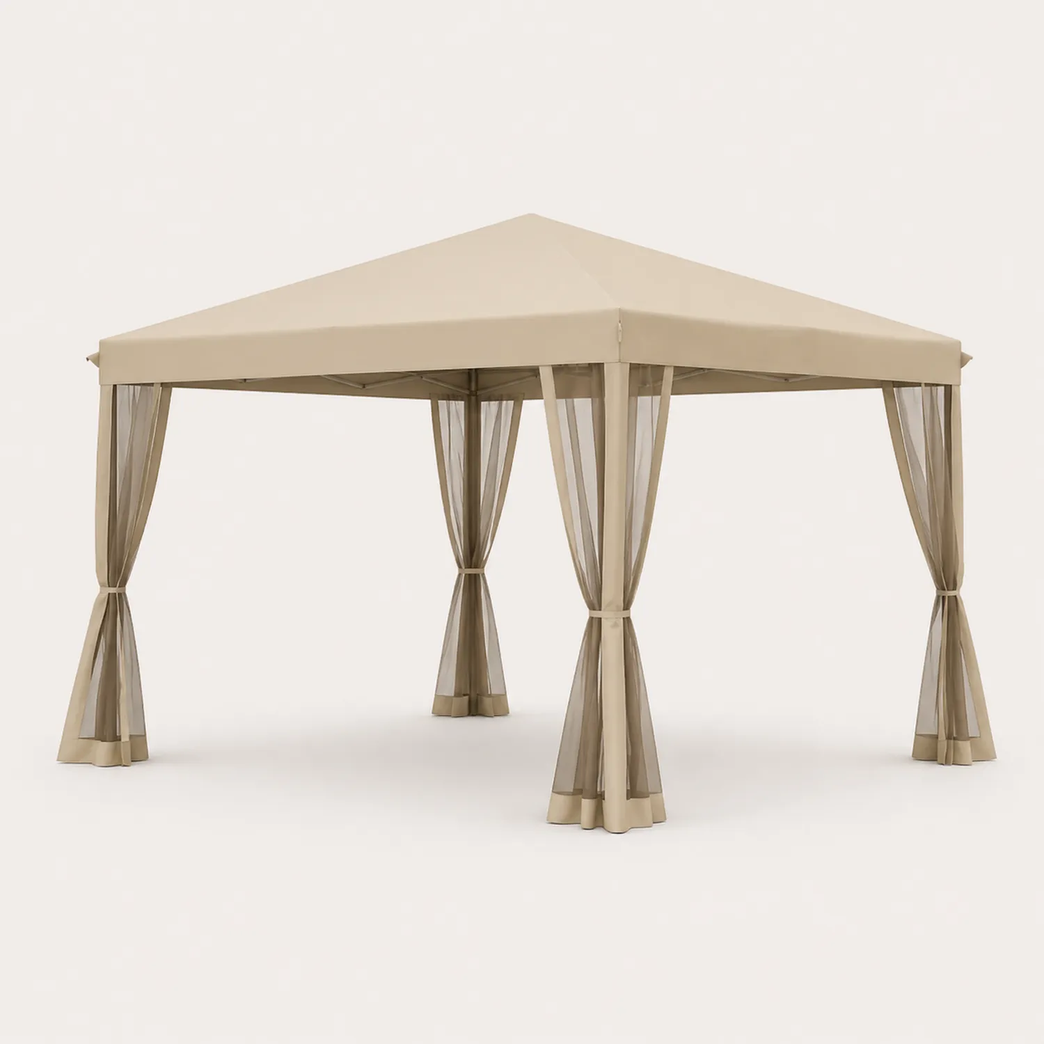 Pérgola de jardín 3x3 m con techo de poliéster y cortinas beige