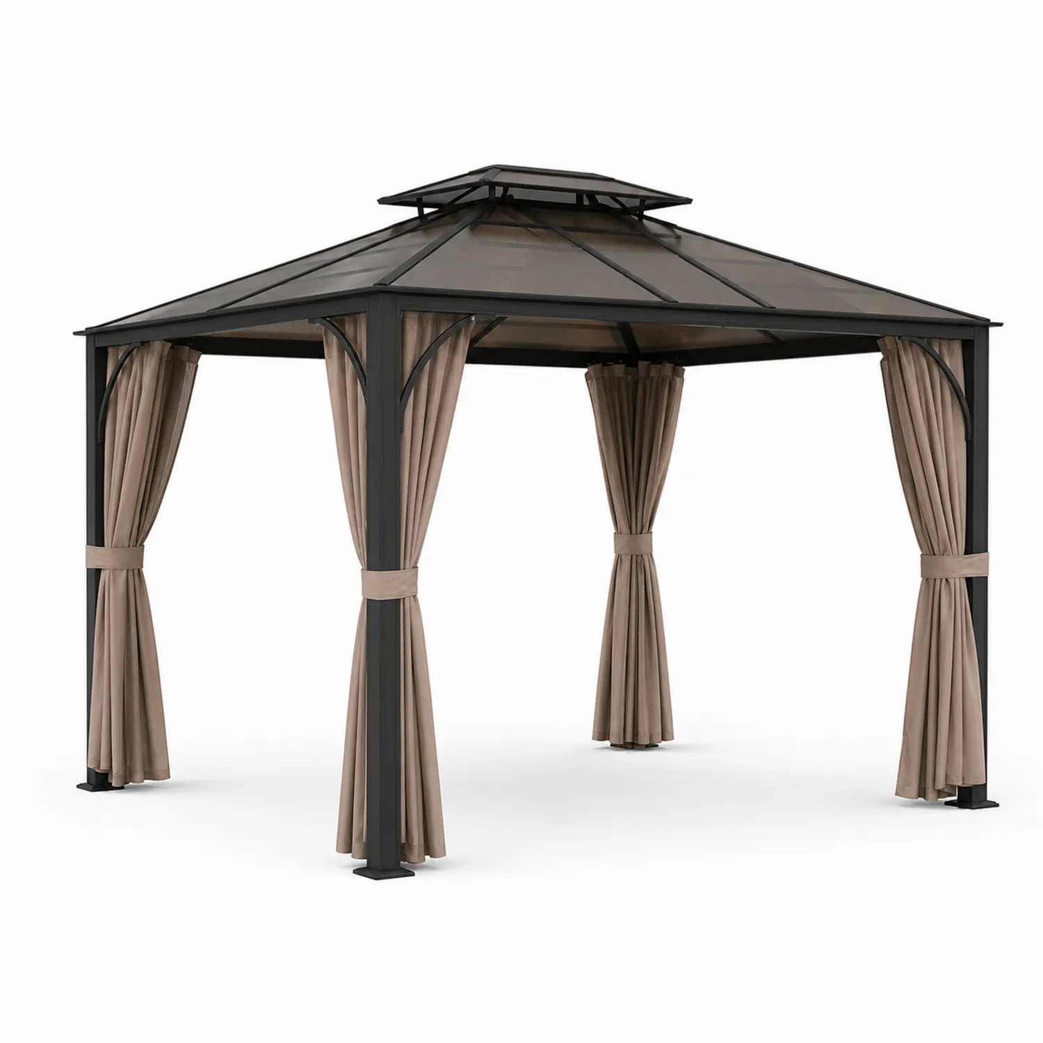 Cenador de Aluminio con Techo de Policarbonato y Cortinas Beige 3x3x2.7m