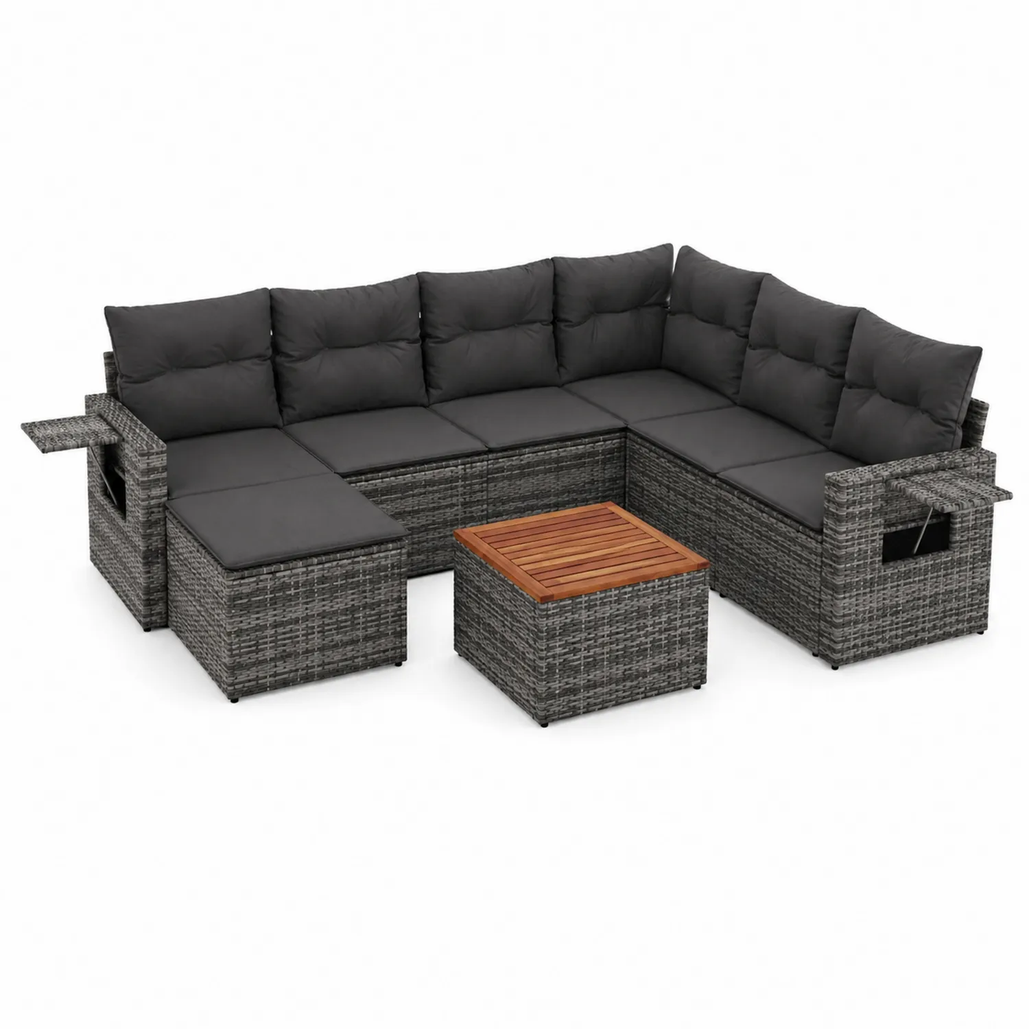 Conjunto de Sofás Modulares de Mimbre Sintético con Mesa y Cojines de Poliéster Gris Oscuro