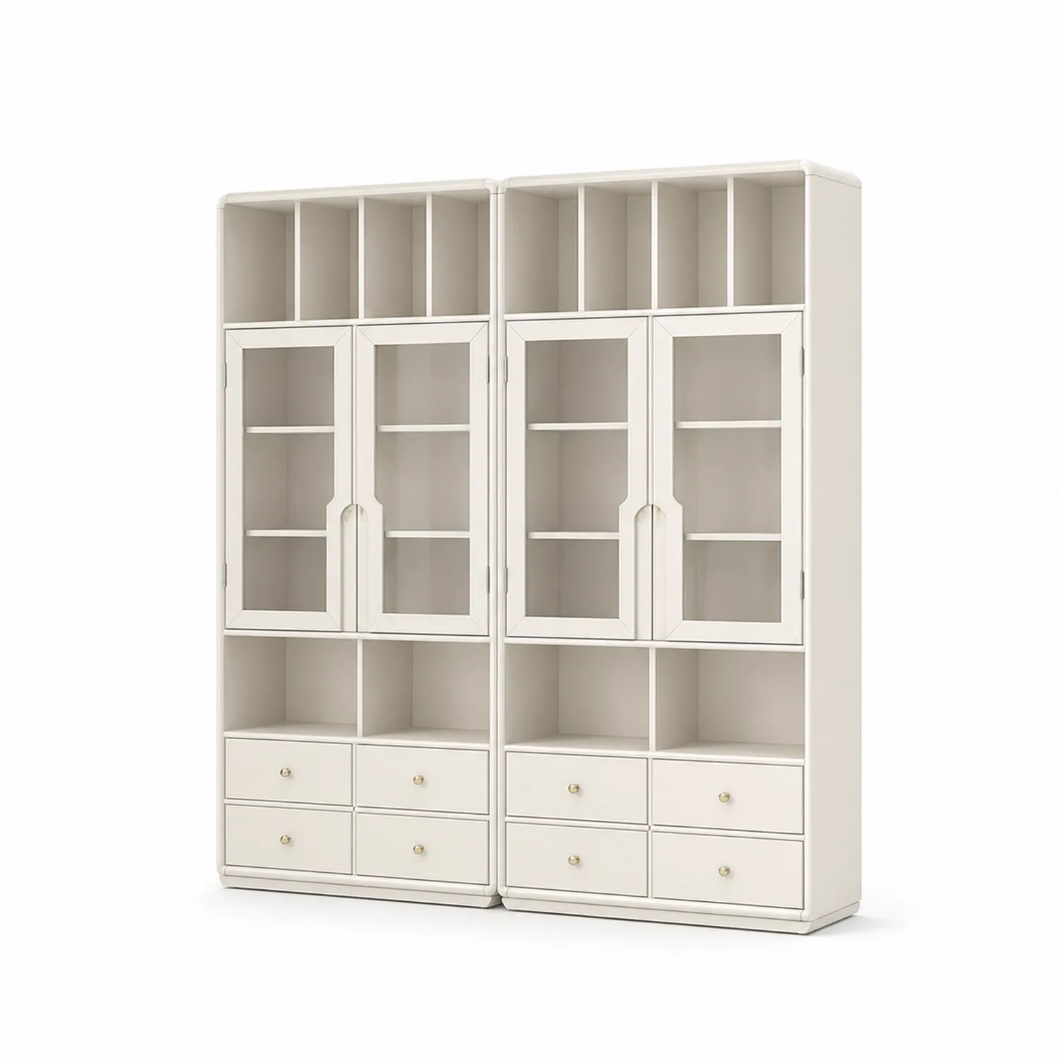 Conjunto de estanterías de madera con puertas de vidrio y cajones, color Marfil, 200 cm de altura