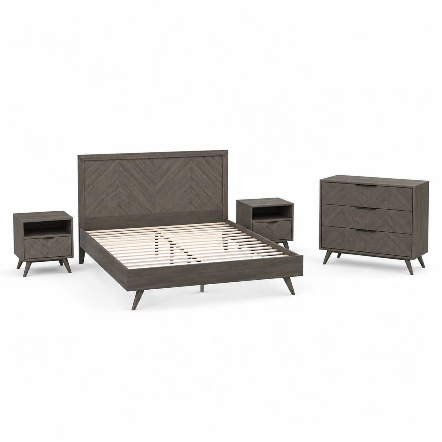 Conjunto de dormitorio de madera con cama doble, mesitas y cómoda