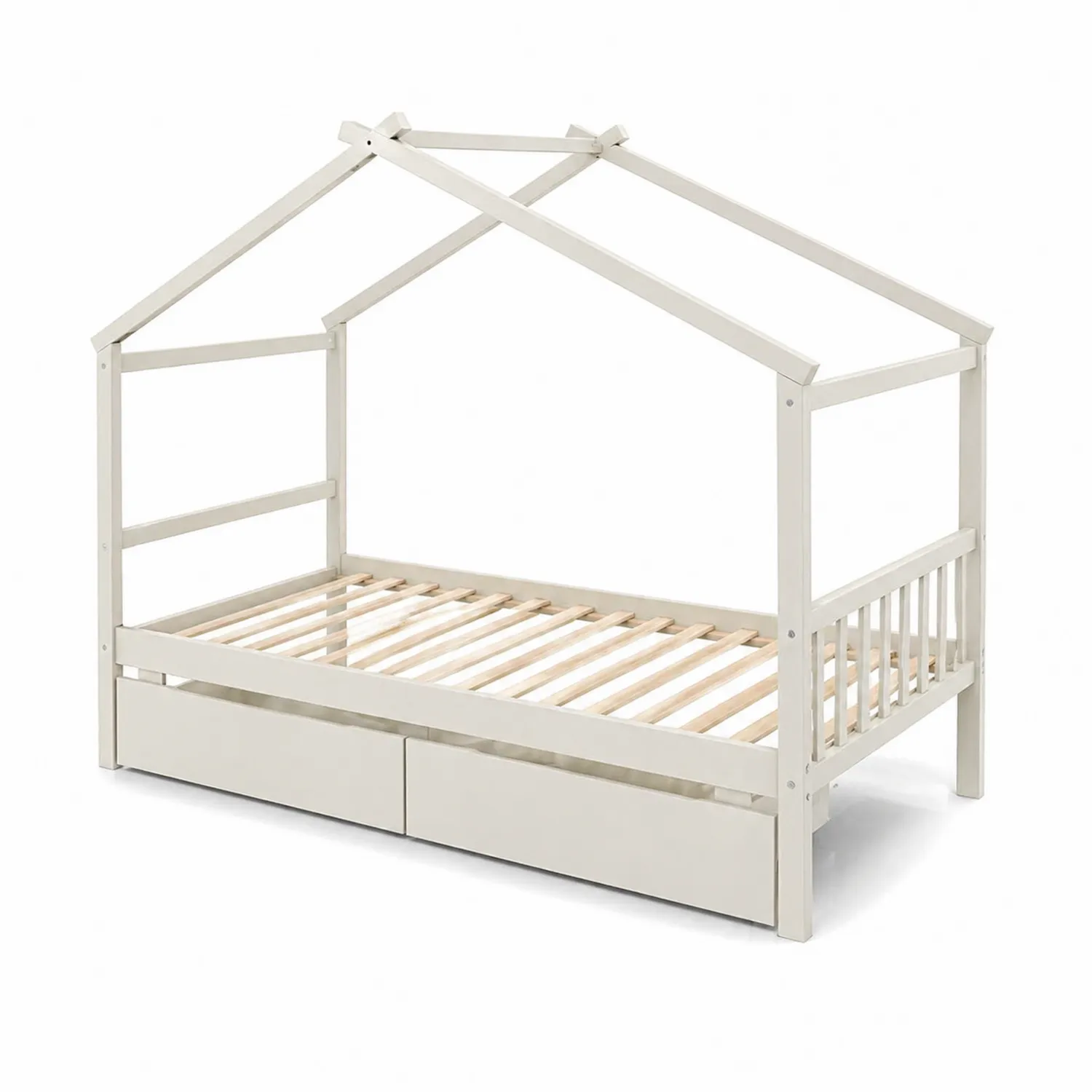 Cama infantil de madera de pino con estructura de casa blanca 200x90 cm