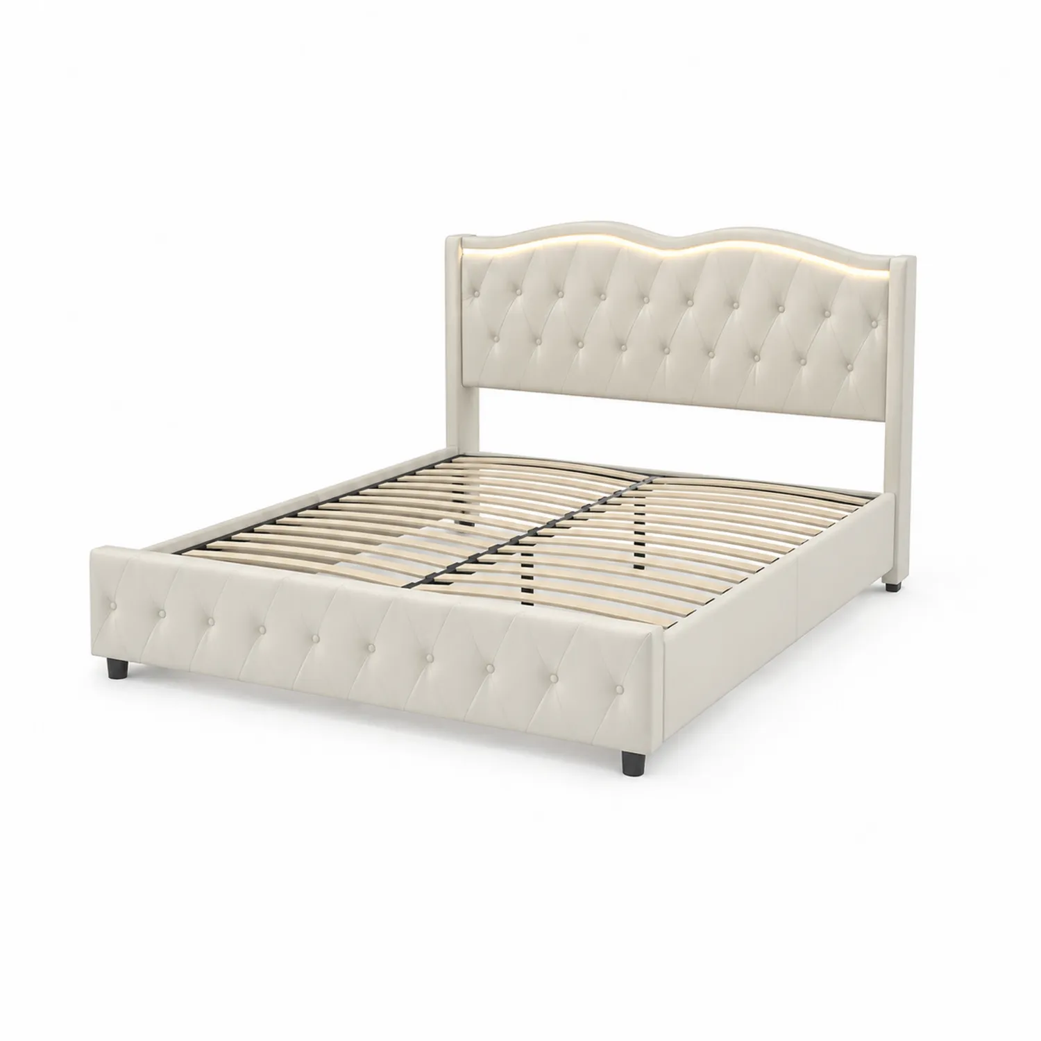 Cama tapizada de cuero sintético con cabecero acolchado 200x160 cm Marfil