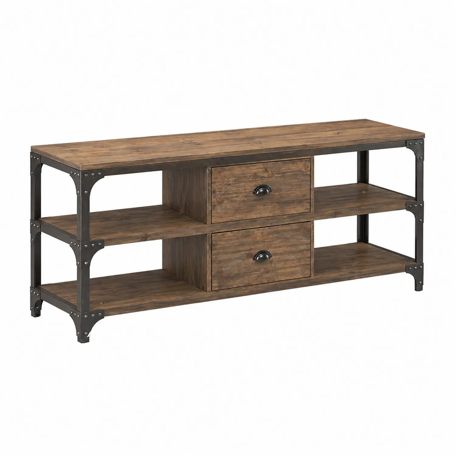 Mueble de TV de madera maciza y metal con cajones 120x40x50 cm Marrón