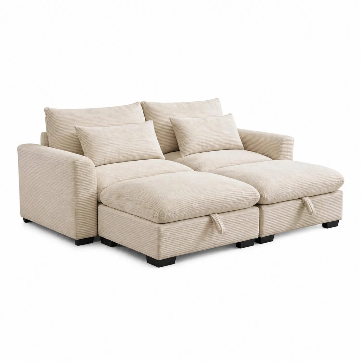 Sofá modular de pana beige con chaise longue y cojines extraíbles