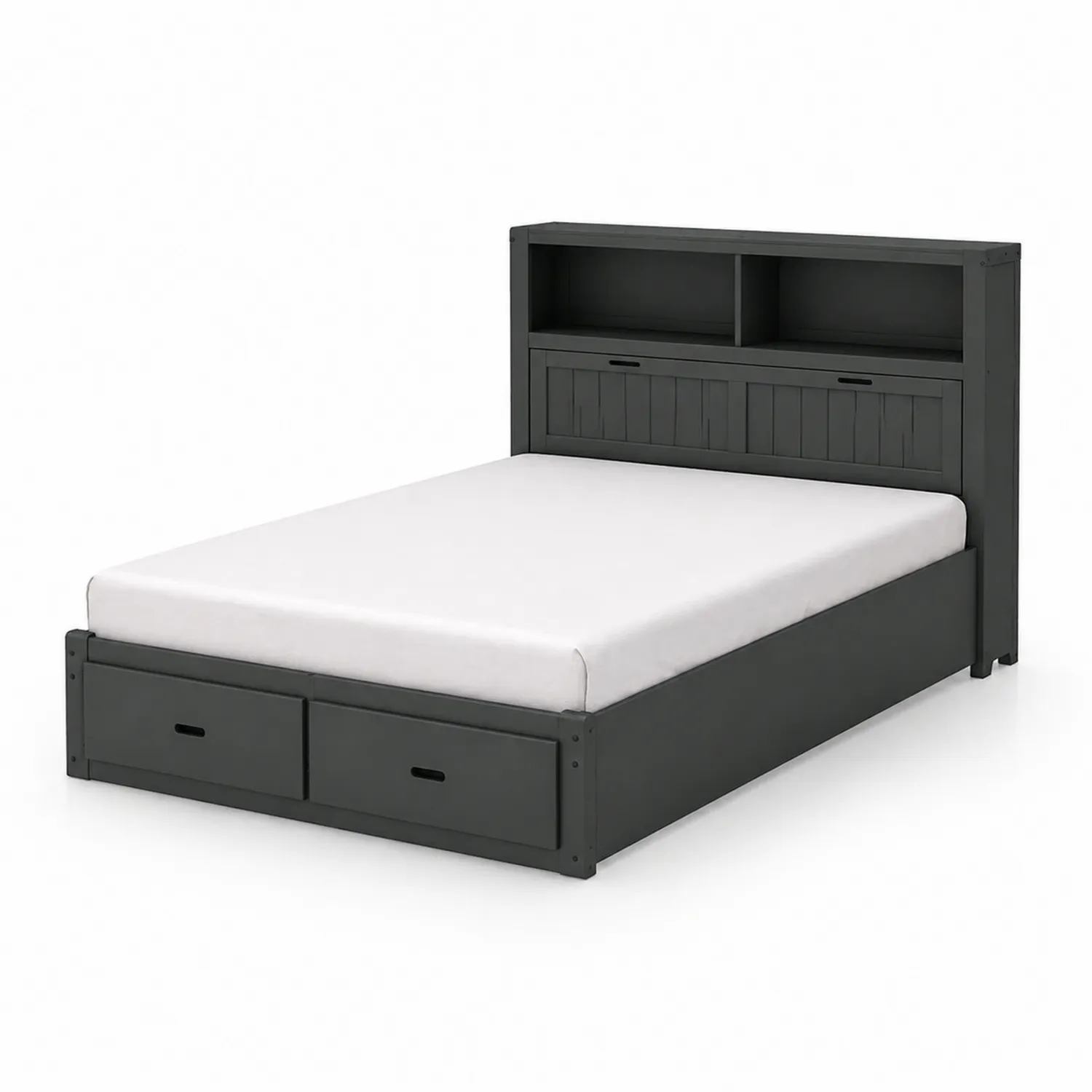 Cama de Madera con Almacenamiento y Cabecera con Estantería Gris