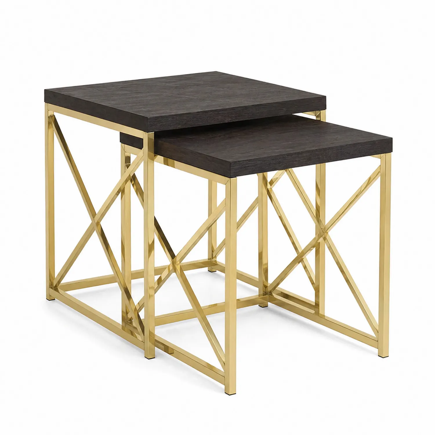 Conjunto de Mesas Nido de Madera y Acero Dorado