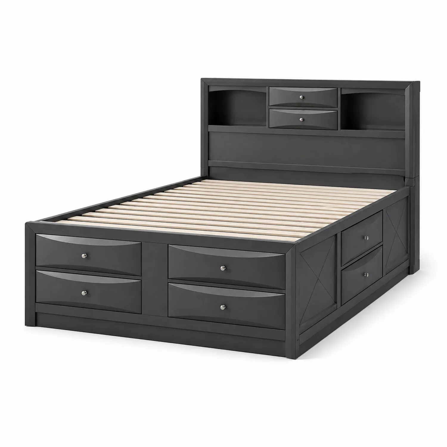 Cama de Madera Antracita con Cajones y Estantería 200x160 cm