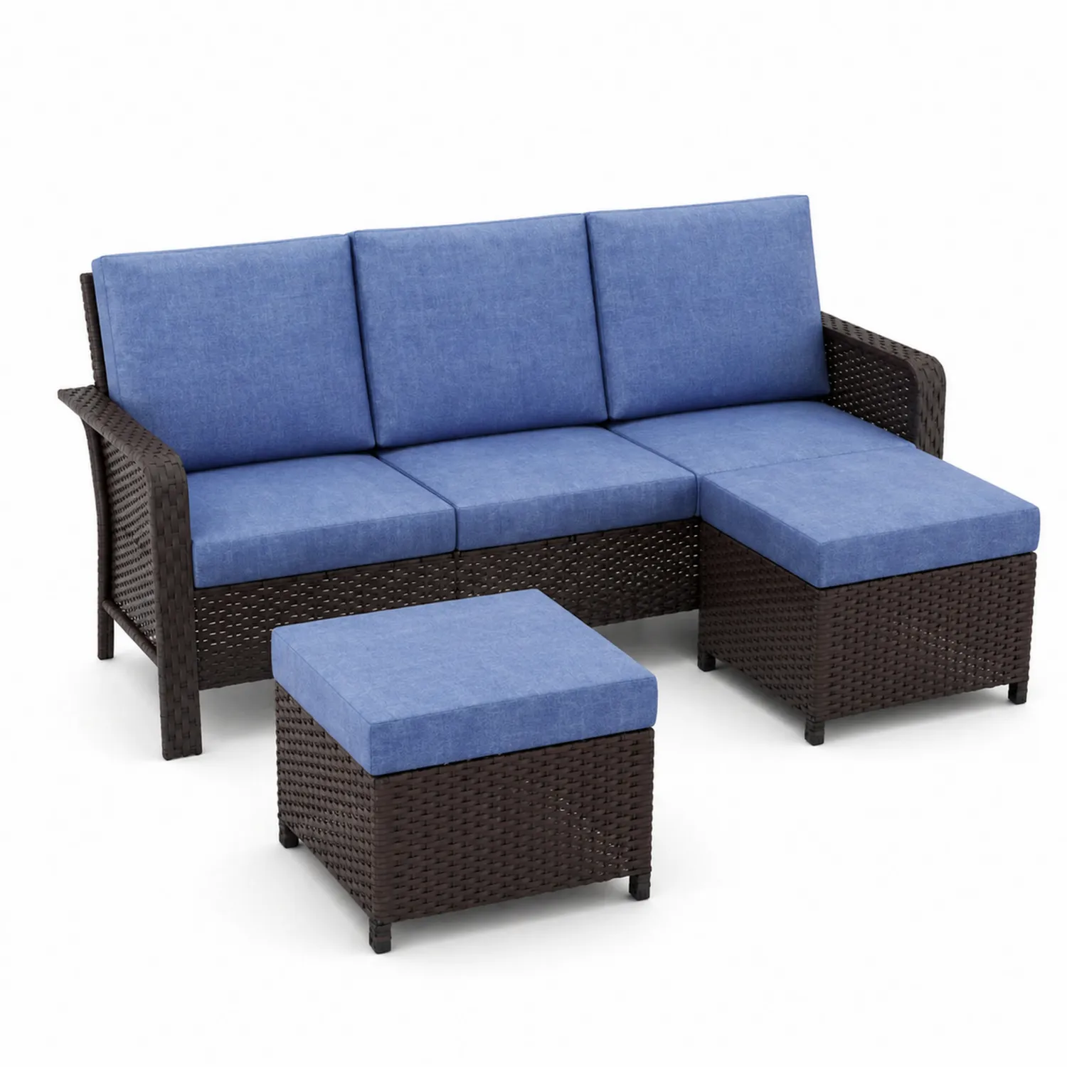 Sofá Modular de Ratán Sintético Azul con Taburetes