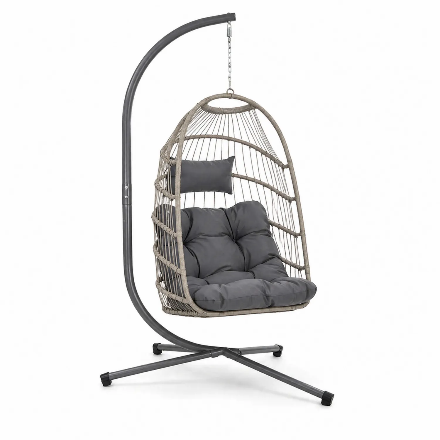 Silla colgante de ratán sintético con cojines de poliéster grises y soporte de acero