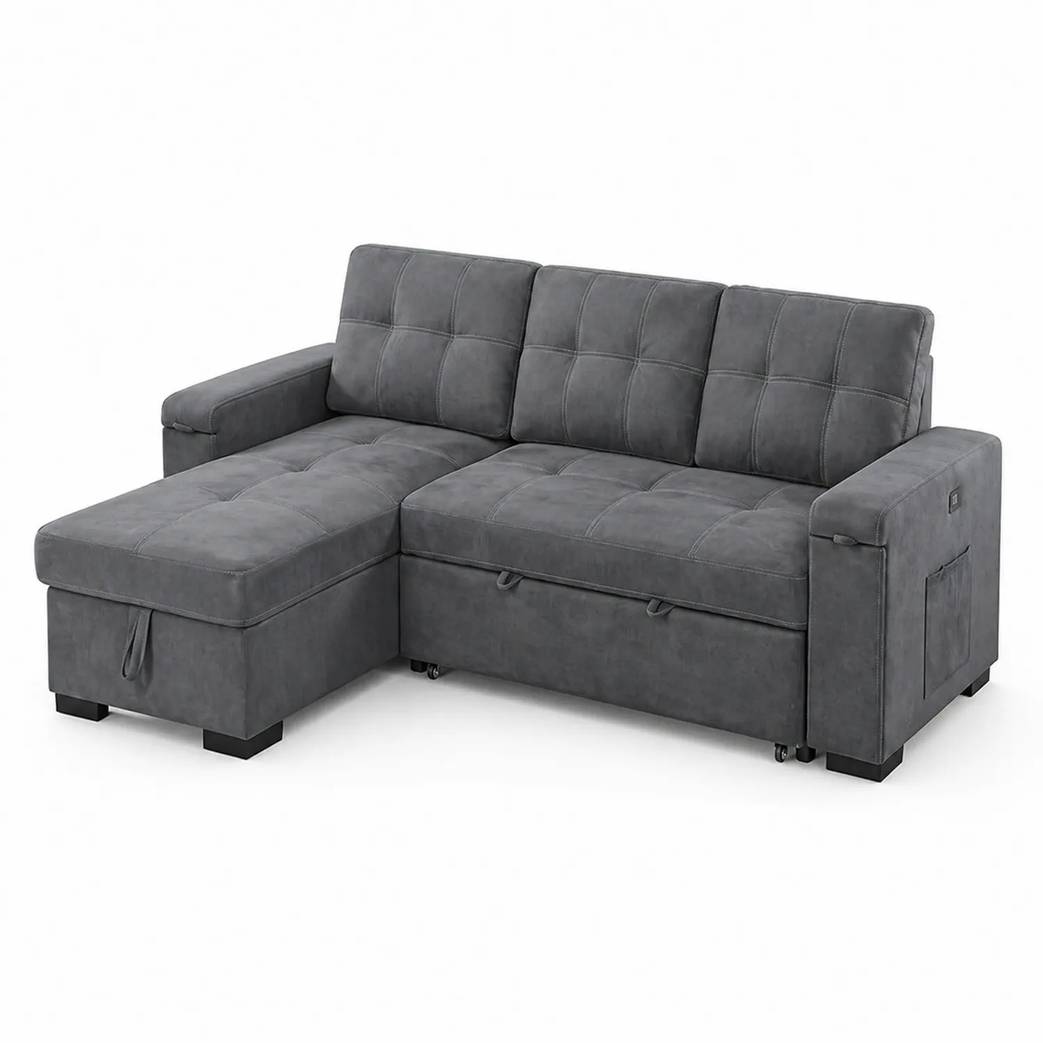 Sofá seccional de tela gris con chaise longue y almacenamiento