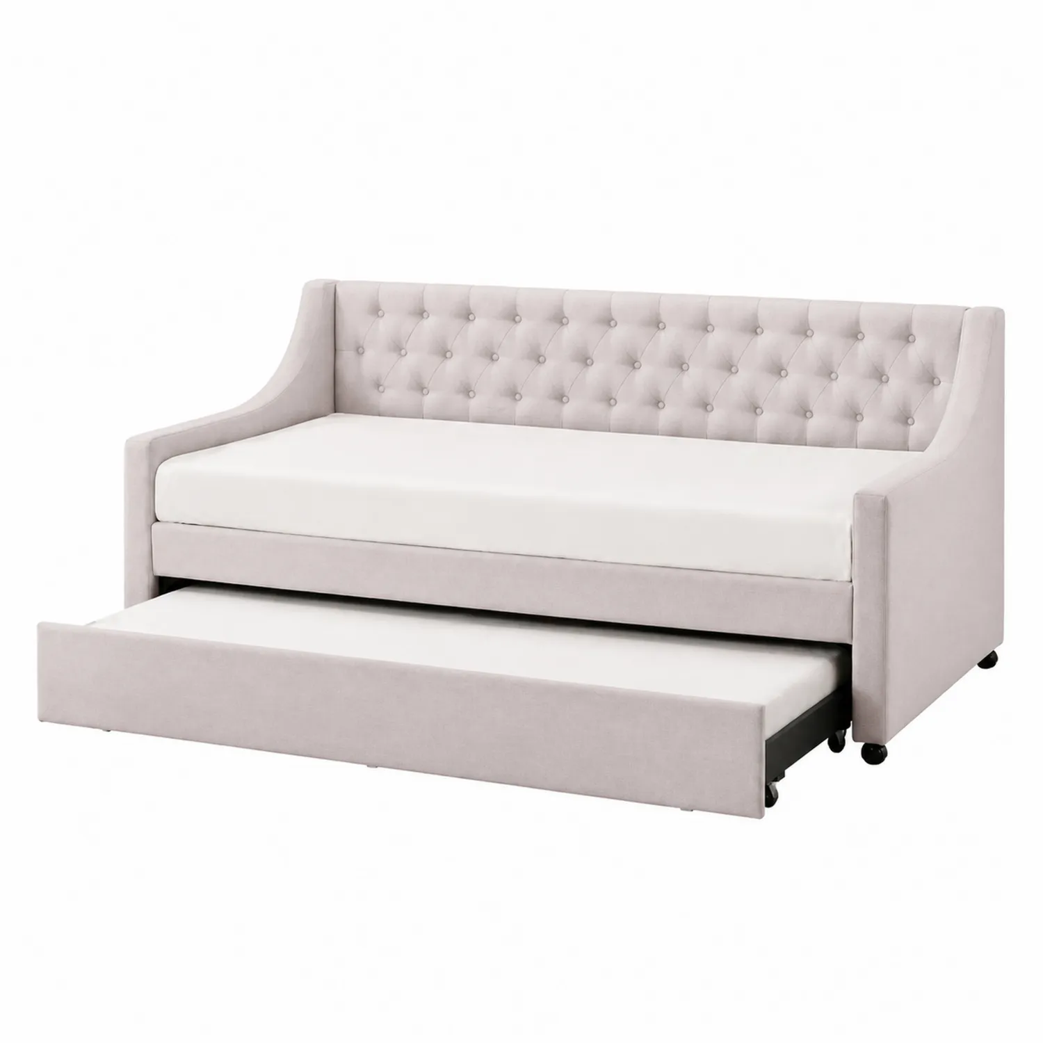 Cama nido tapizada de terciopelo con colchón y respaldo capitoné 200x100x80 cm Crema