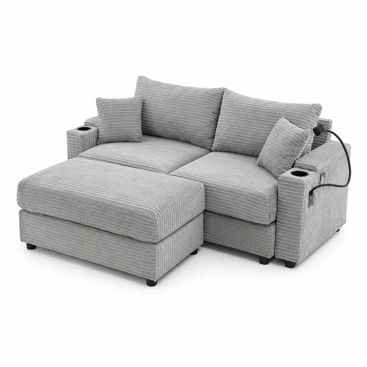 Sofá Chaise Longue de Tela Acanalada Gris con Cojines y Puerto USB
