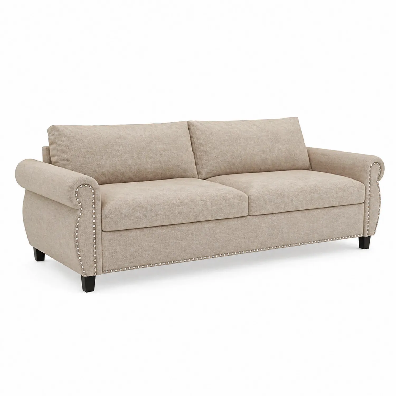 Sofá de lino beige con tachuelas decorativas
