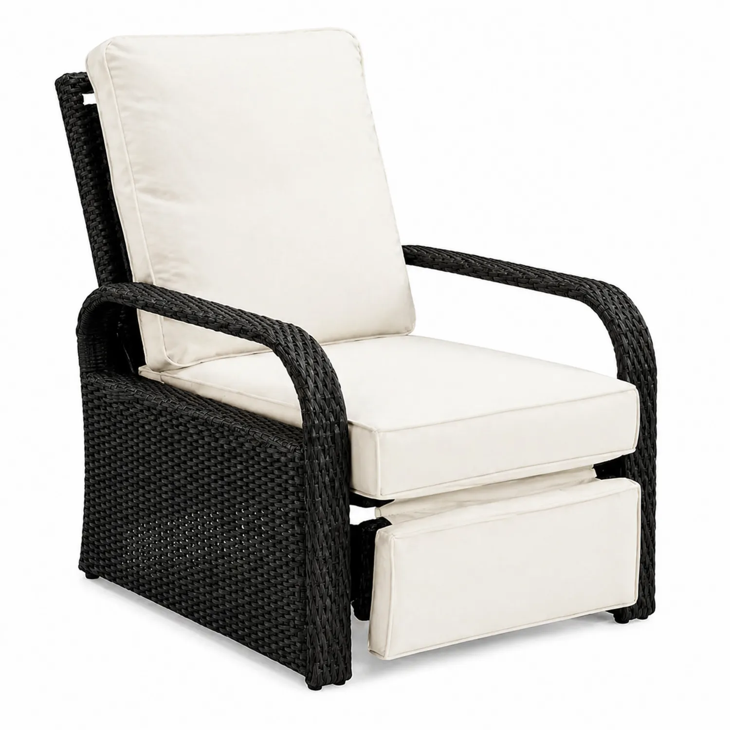 Sillón de ratán sintético negro con cojines beige