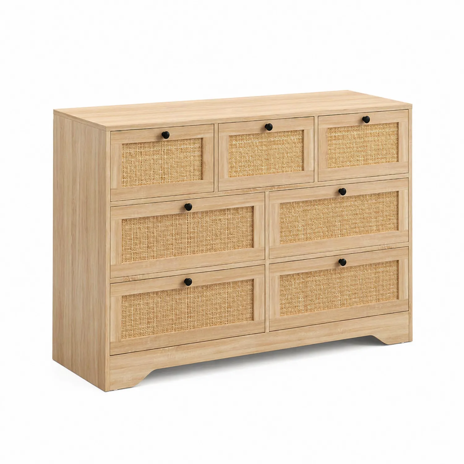 Cajonera de madera con paneles de ratán 7 cajones 120x40x85 cm Natural