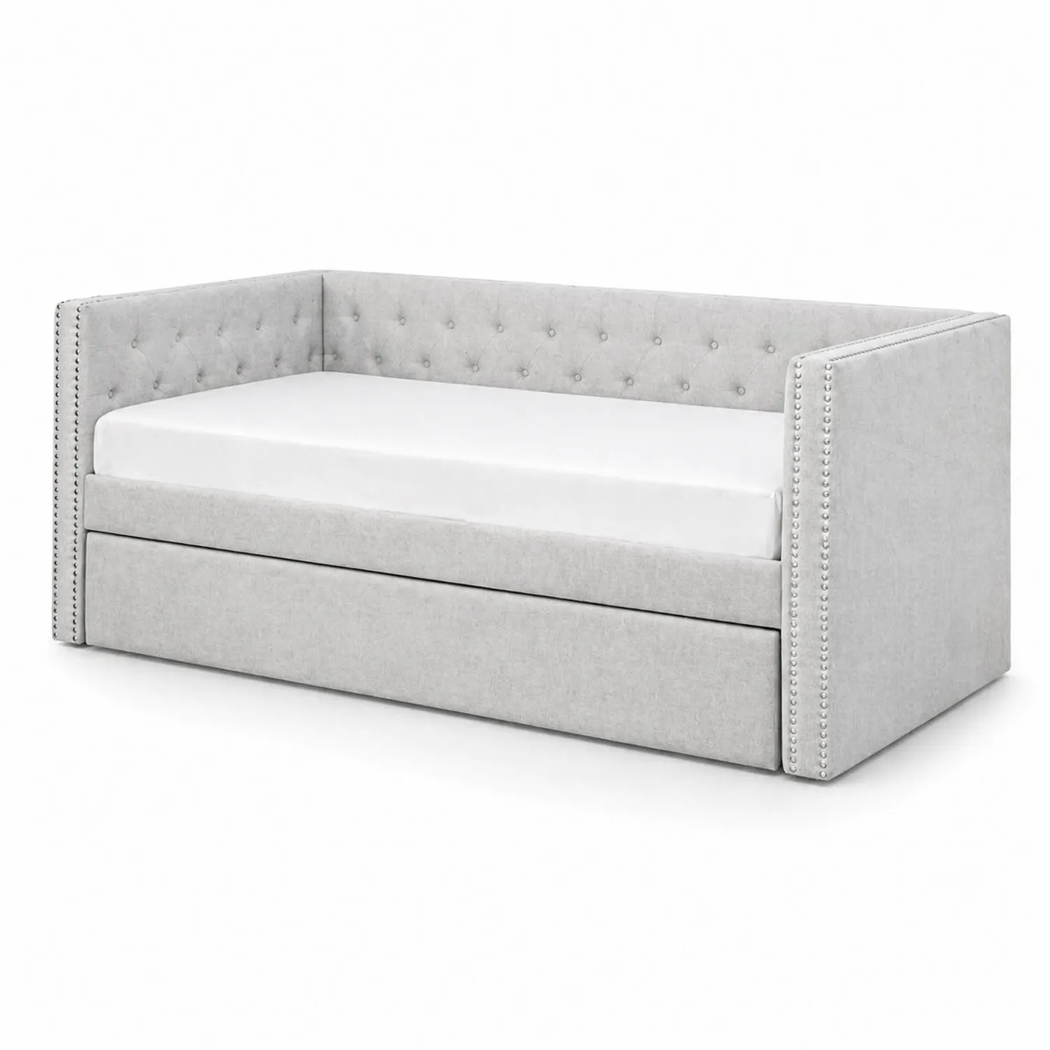 Cama de día tapizada en tela gris con nido