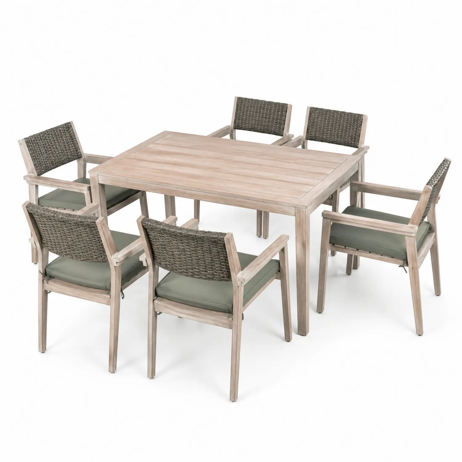 Juego de comedor de madera y mimbre sintético con cojines