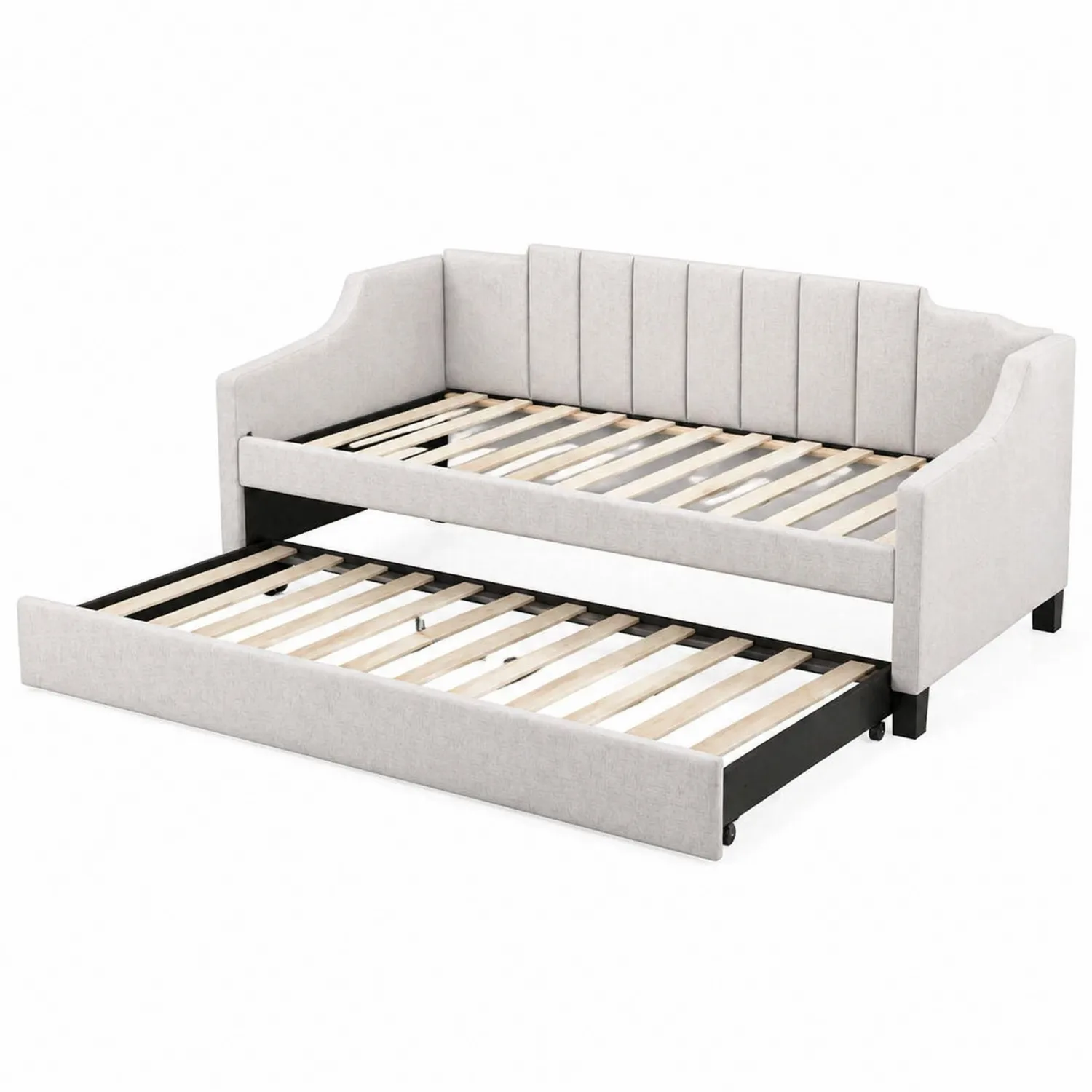 Cama nido tapizada con patas de madera y respaldo acolchado 200x100 cm gris claro