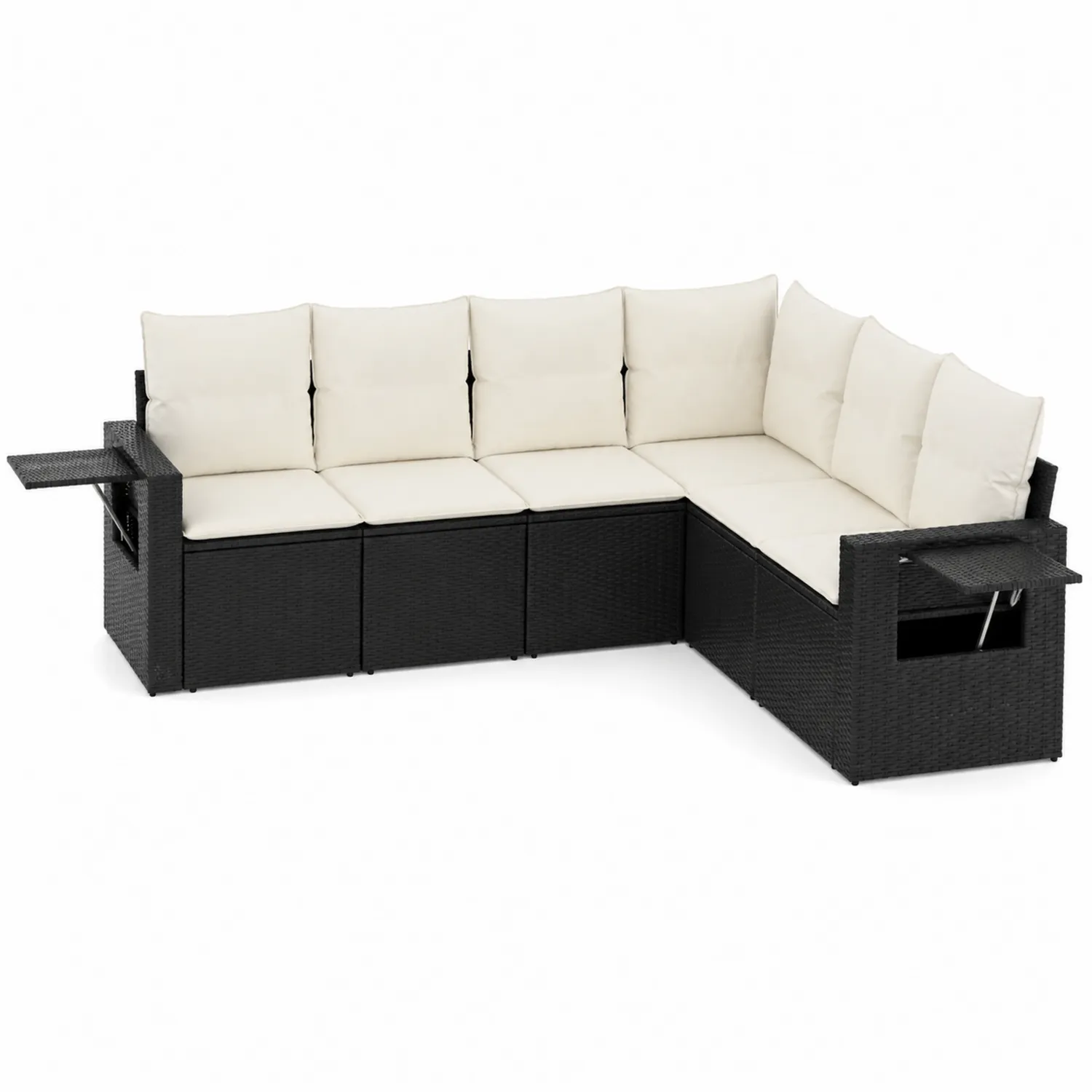 Conjunto Modular de Sofás en L de Ratán Sintético con Cojines Crema