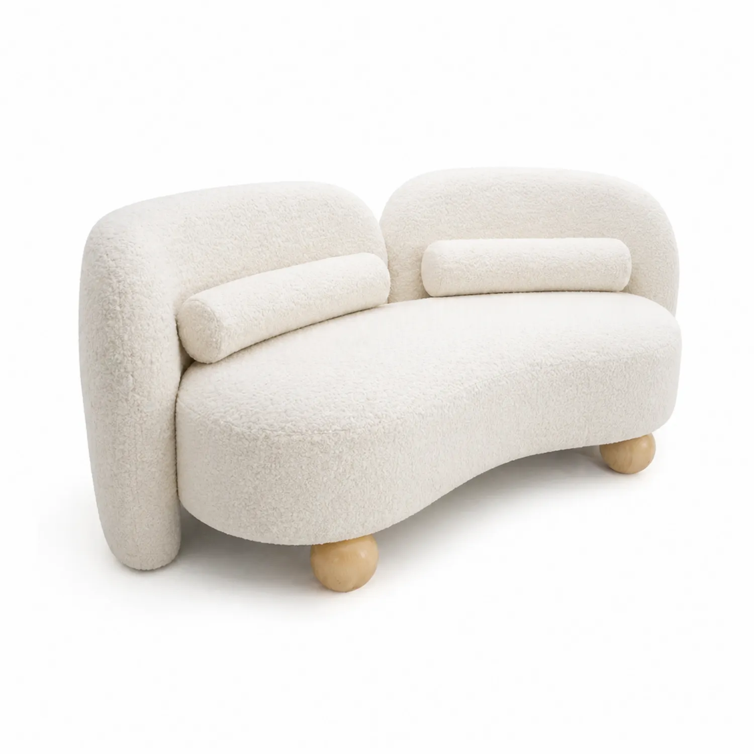 Sofá de dos plazas de tela bouclé y patas de madera