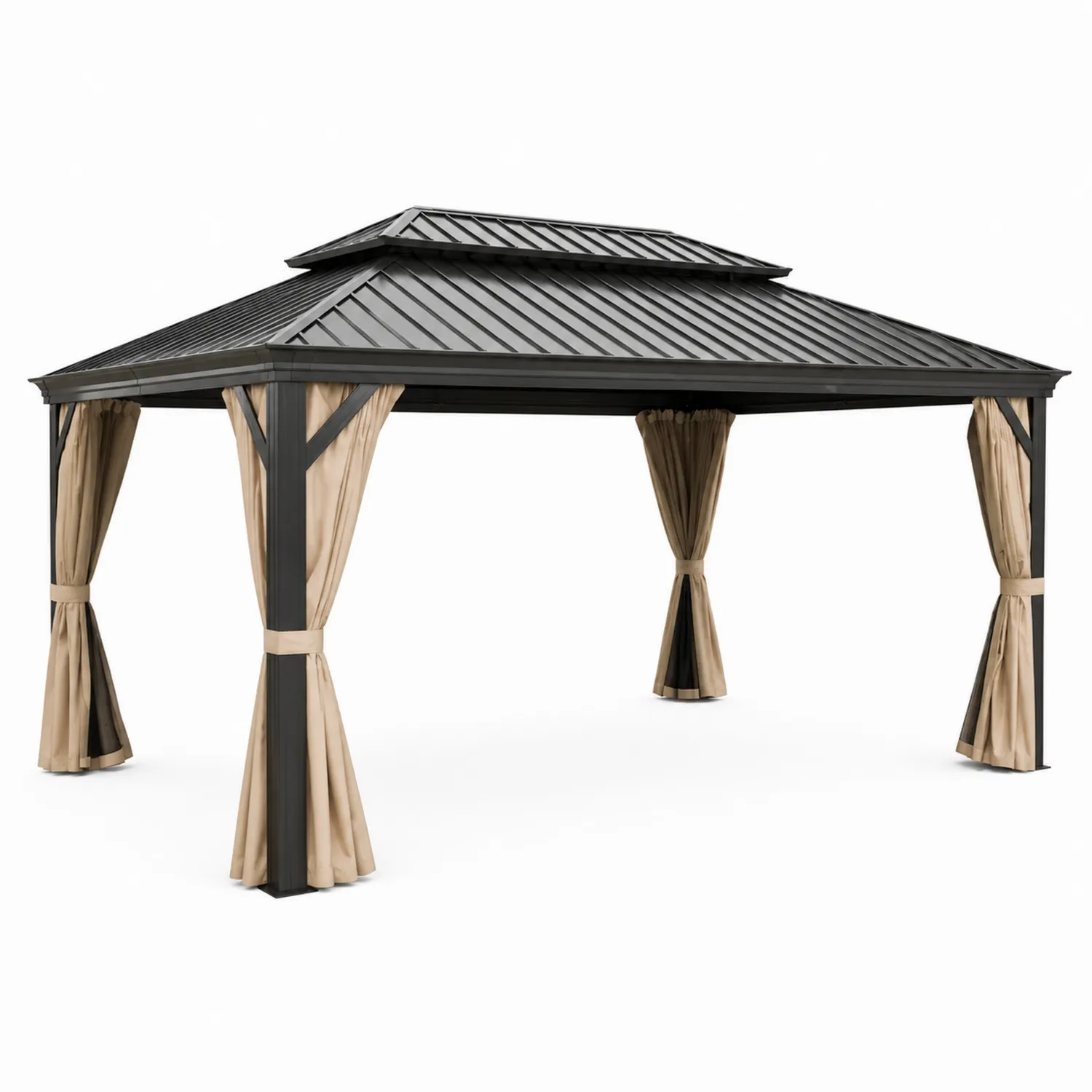 Pabellón de Jardín de Aluminio con Techo de Metal y Cortinas