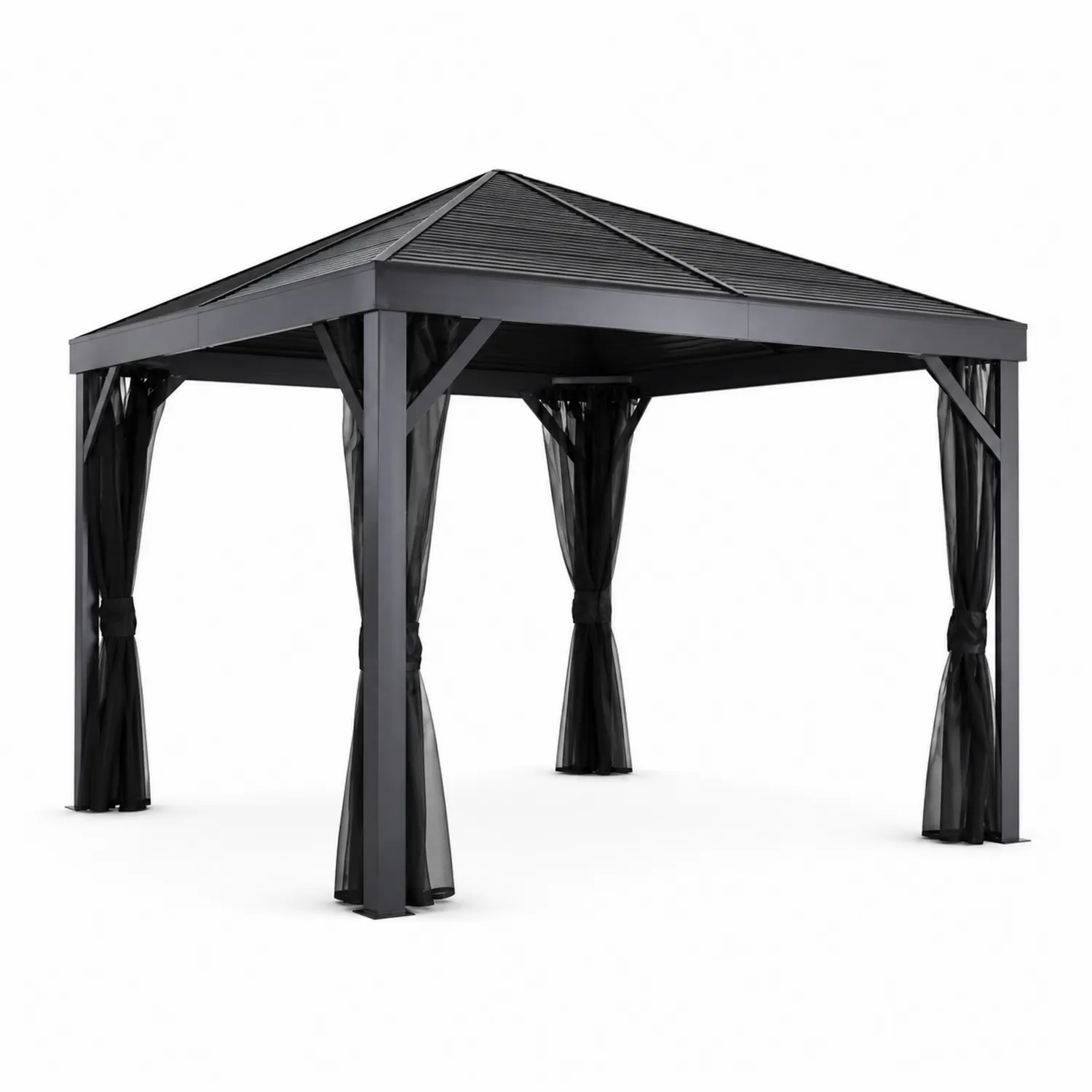 Cenador de Aluminio con Techo Metálico y Cortinas de Poliéster Negro