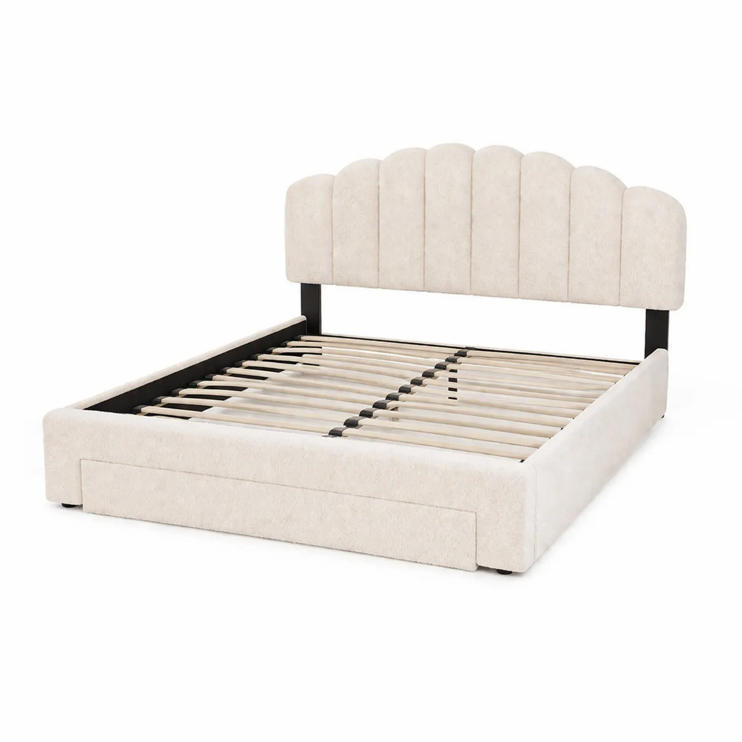 Cama doble de tejido y metal con almacenamiento 200x160 cm Beige