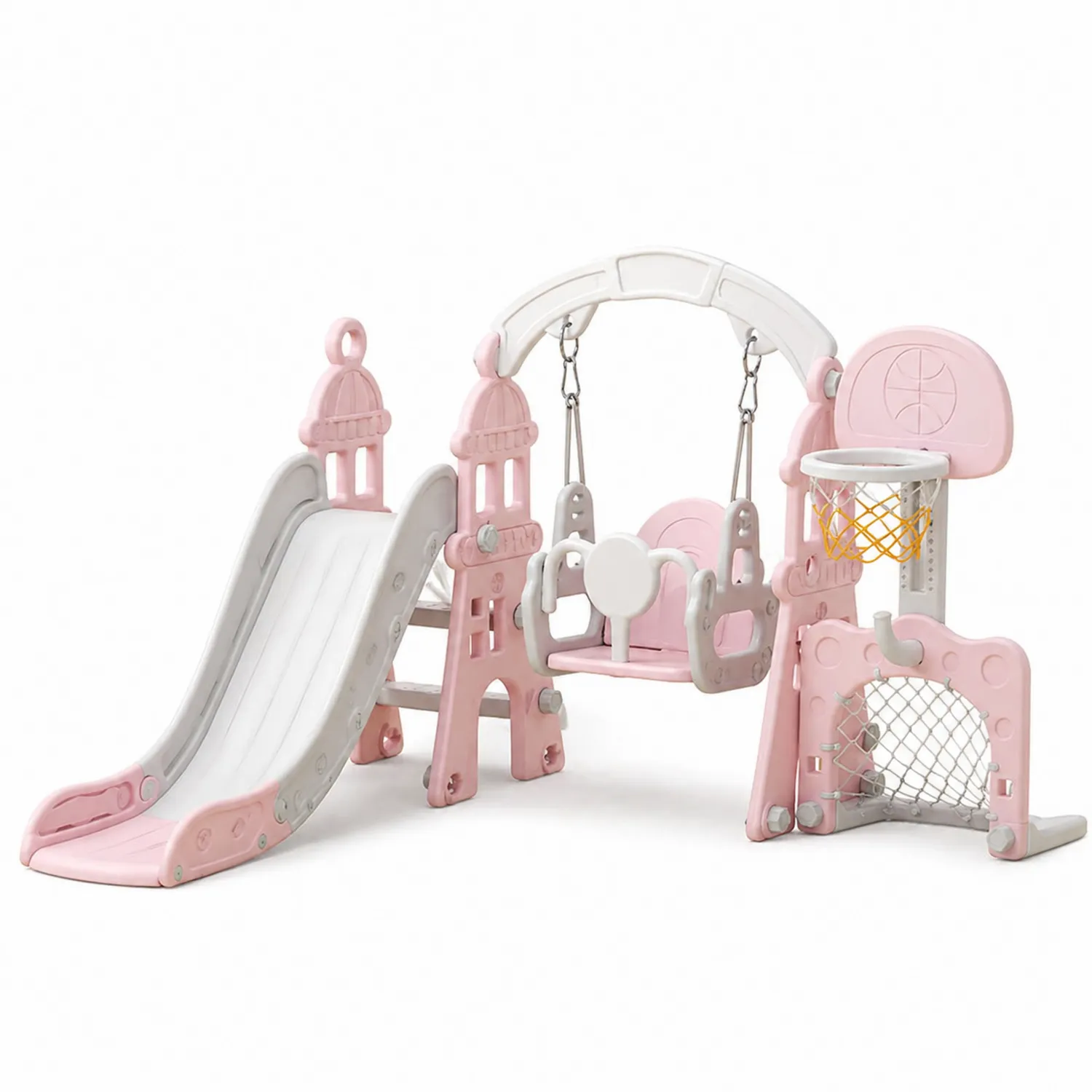 Conjunto de juego infantil de plástico con tobogán, columpio y canasta, color Rosa/Gris