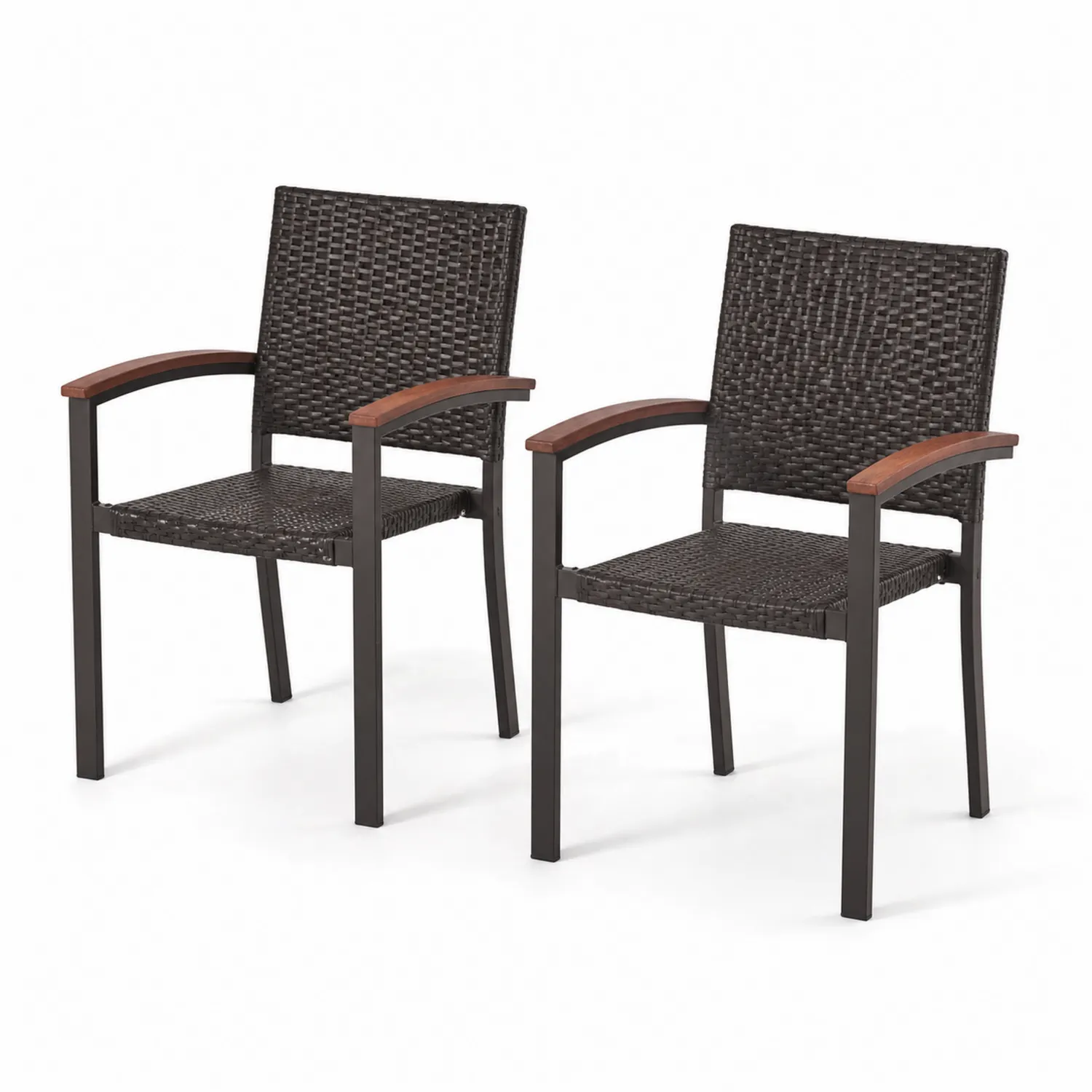 Conjunto de 2 sillas de ratán sintético con marco de acero y reposabrazos de madera, Marrón