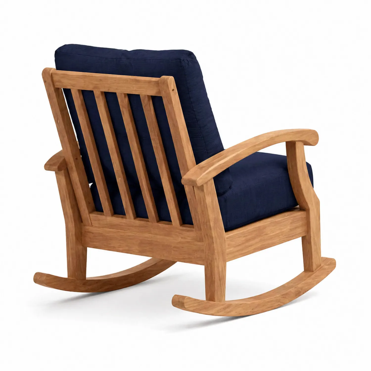 Silla mecedora de madera con cojín azul oscuro