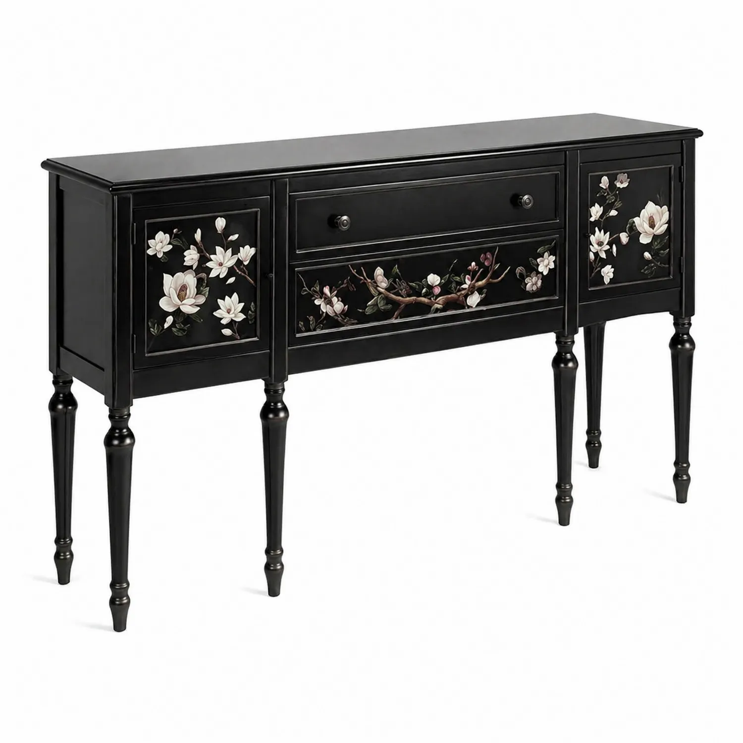 Aparador de madera con diseño floral pintado a mano Negro