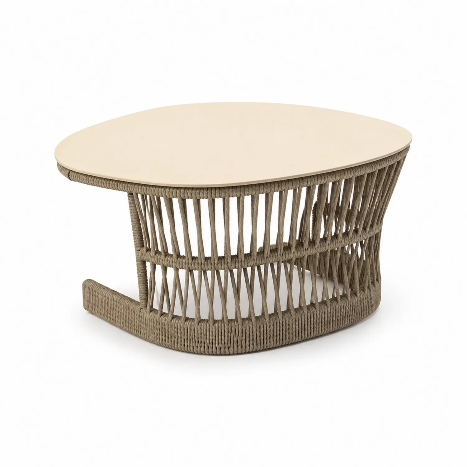 Mesa auxiliar con sobre ovalado de aluminio y cuerda sintética