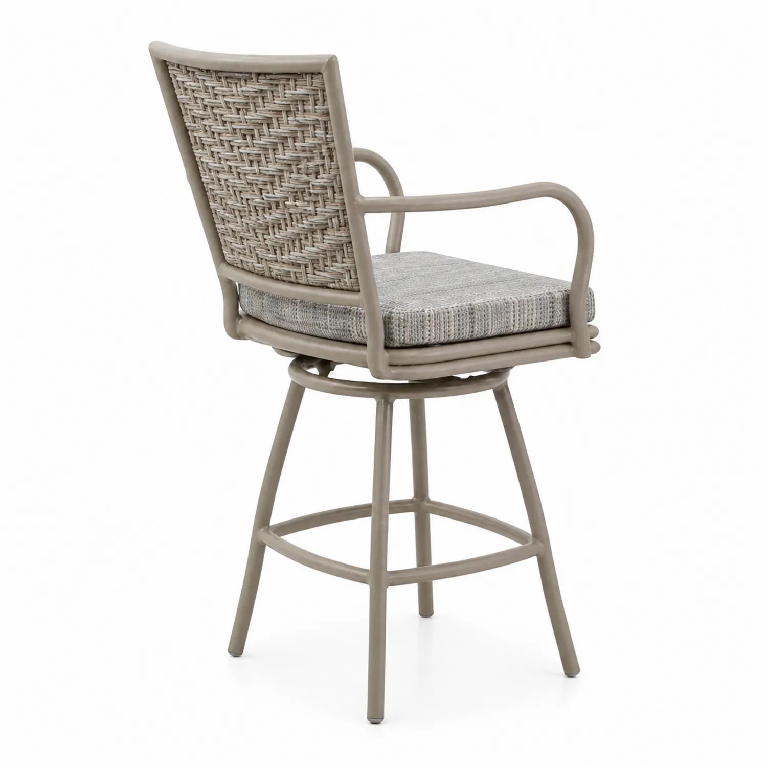 Taburete de aluminio con respaldo de ratán sintético, beige y gris