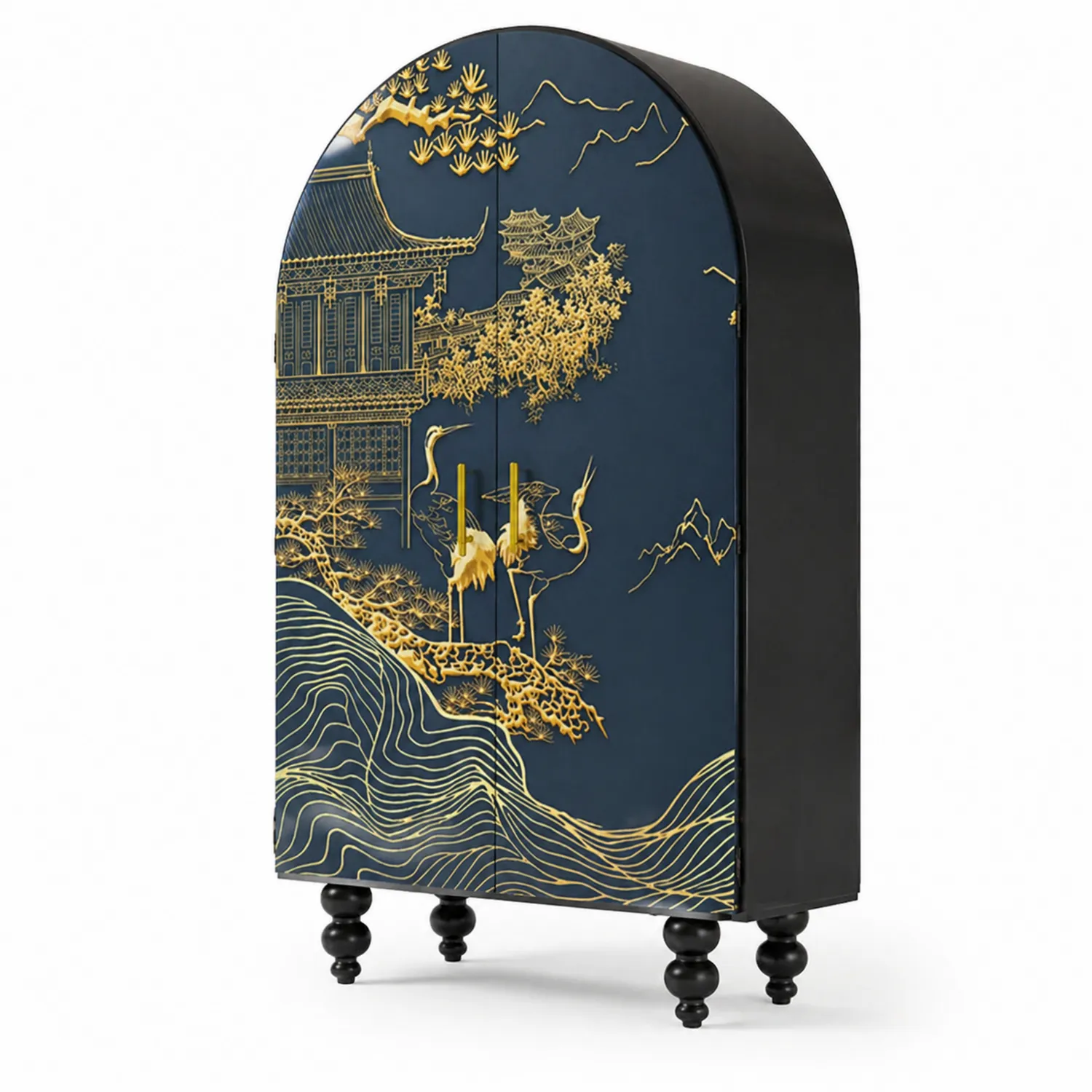 Armario de madera lacada azul oscuro con detalles dorados y forma arqueada