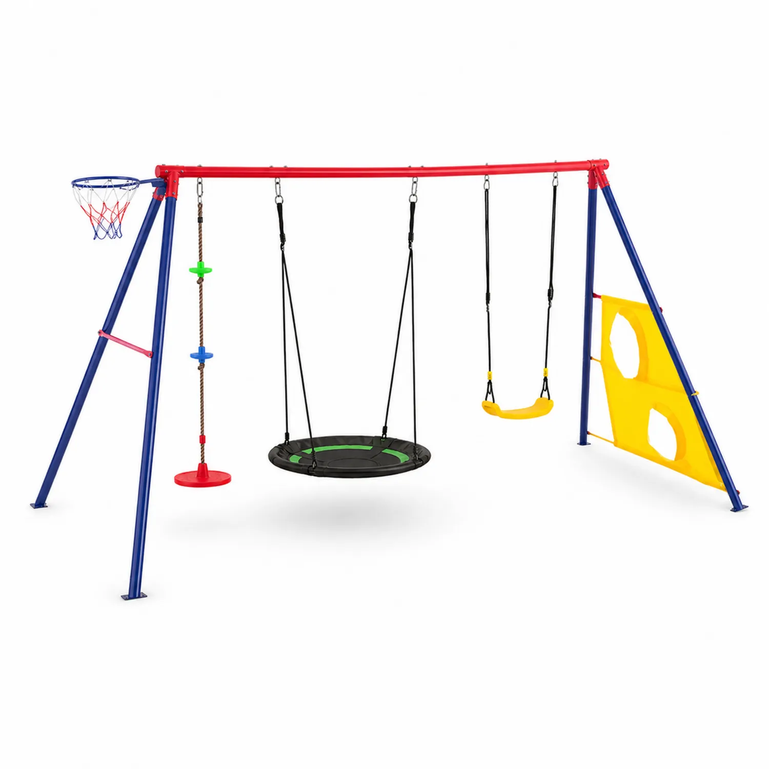 Conjunto de columpios de metal con cesta, cuerda y pared de escalada multicolor