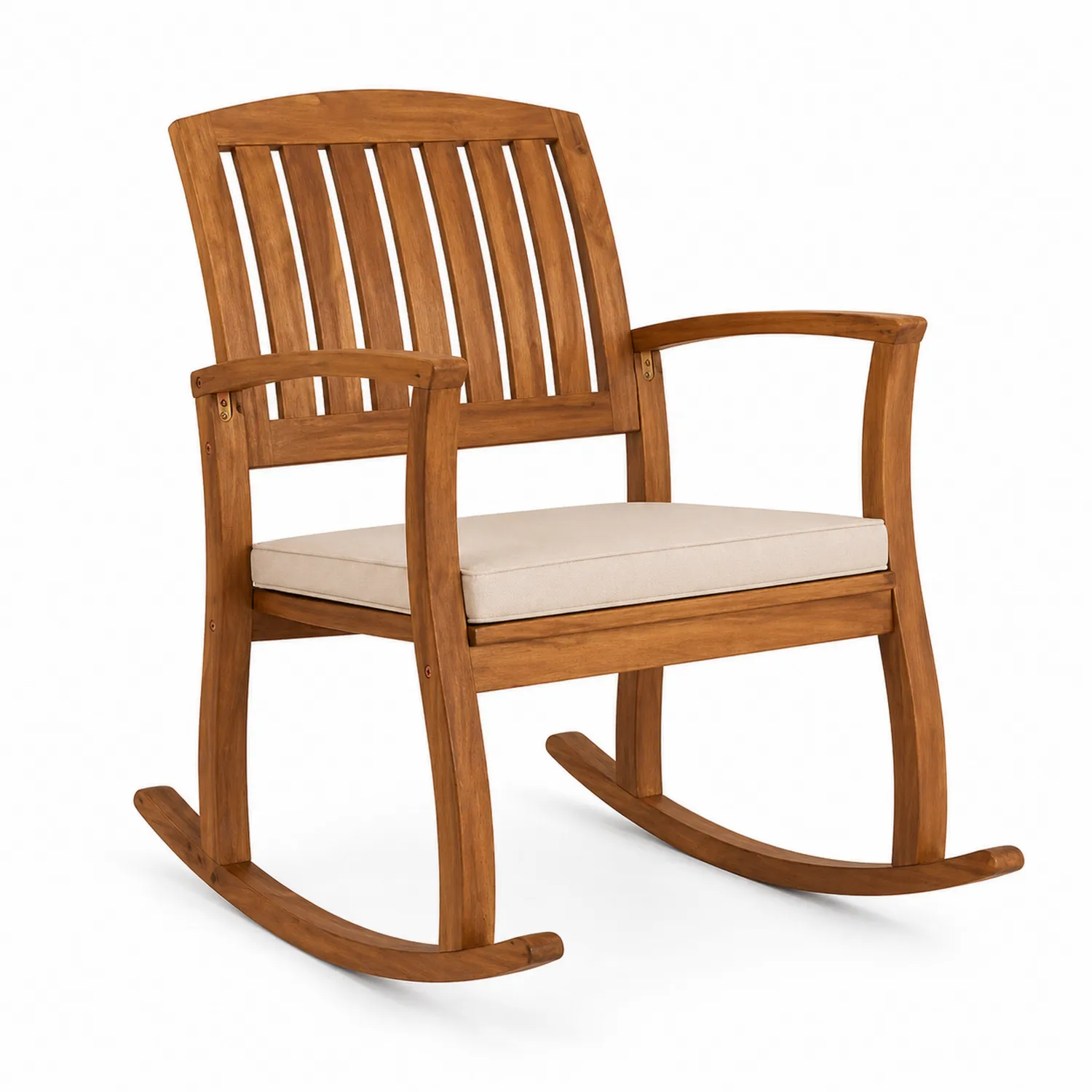 Silla mecedora de madera de teca con cojín crema
