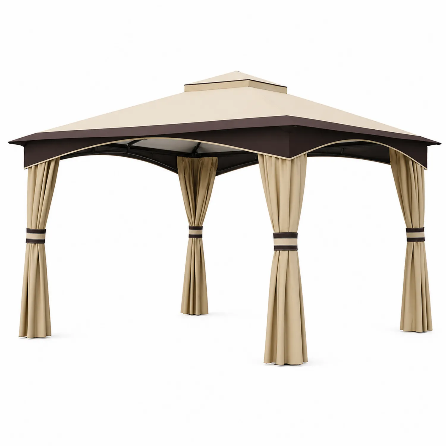 Cenador de acero 3x3 m con cortinas de poliéster Beige y Marrón
