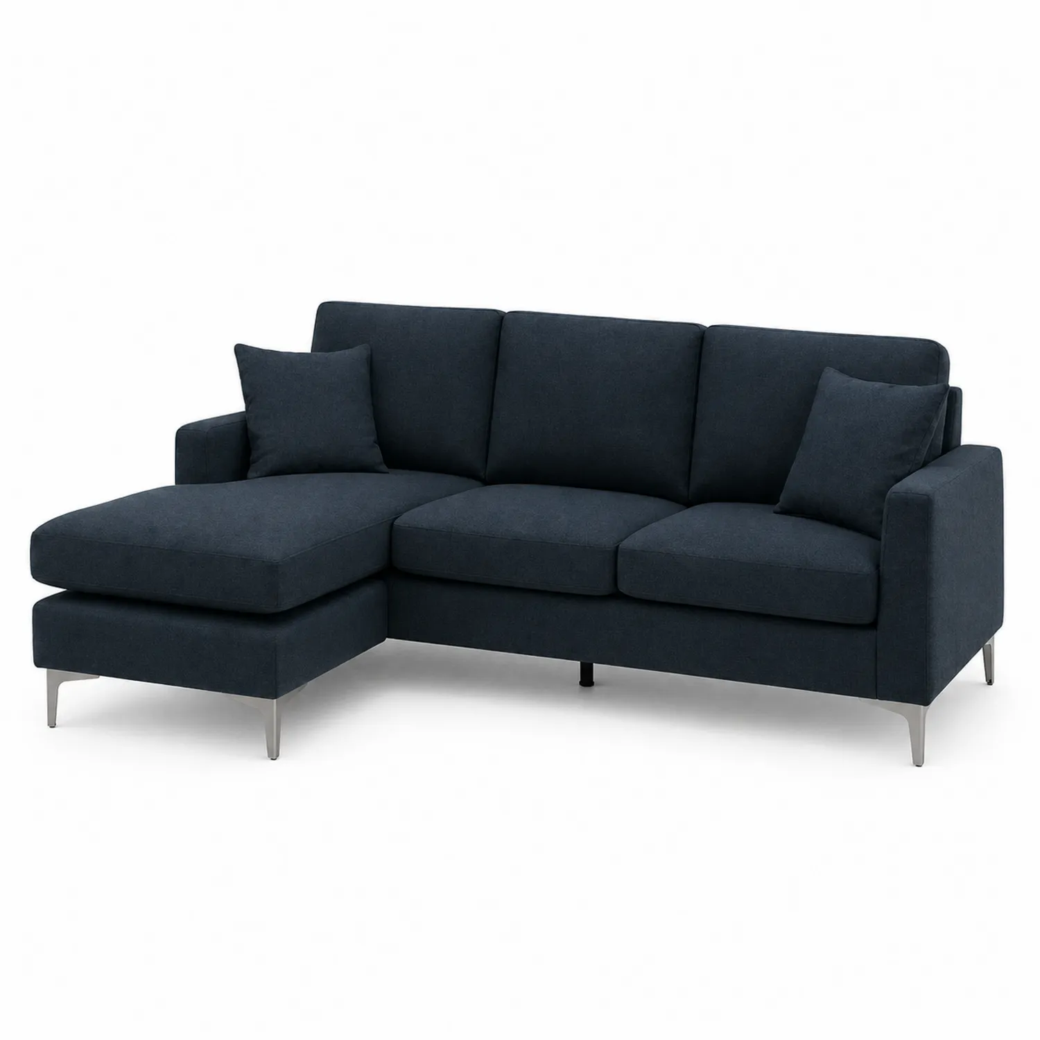 Sofá seccional de tela azul oscuro con chaise longue y patas metálicas