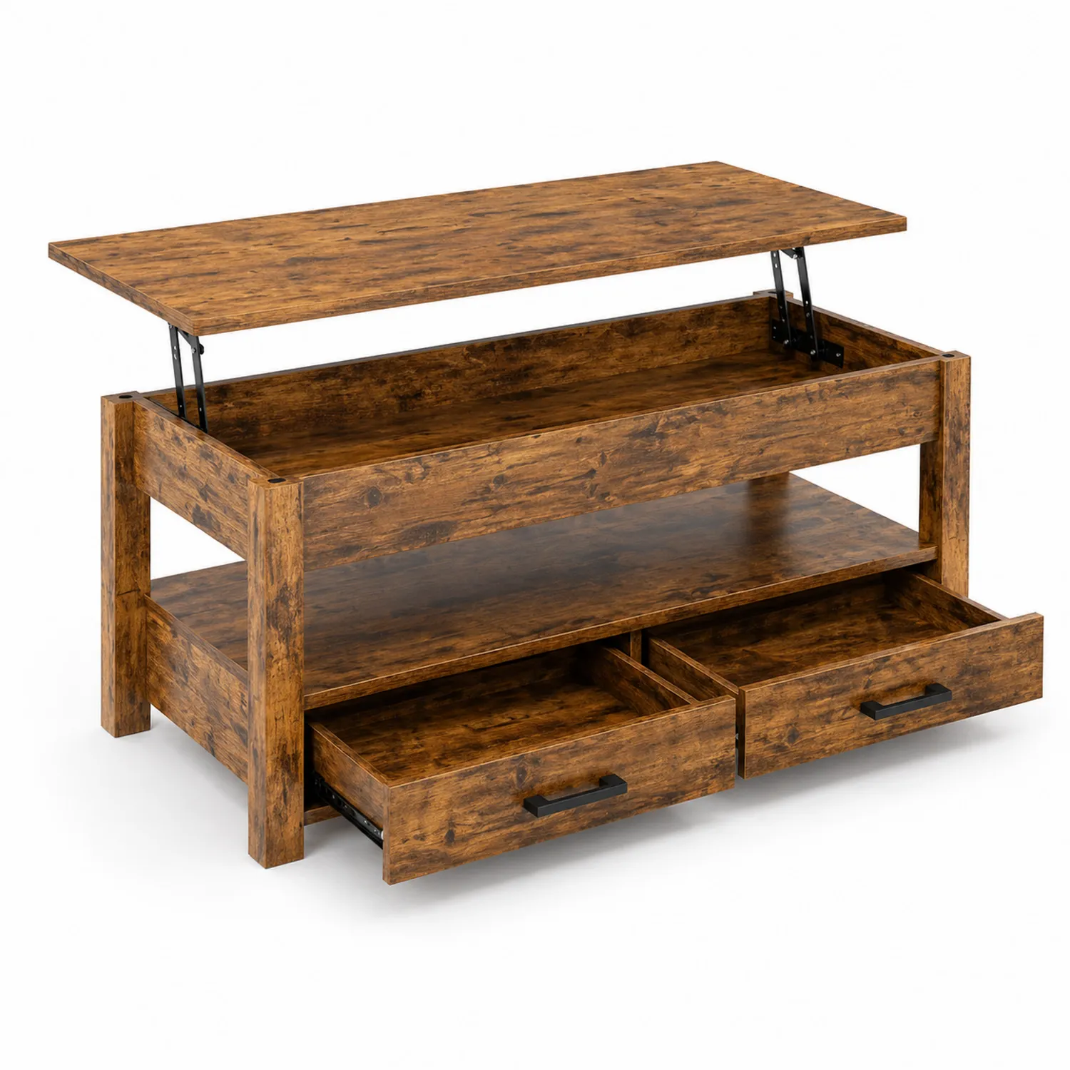 Mesa de centro elevable de madera marrón con cajones