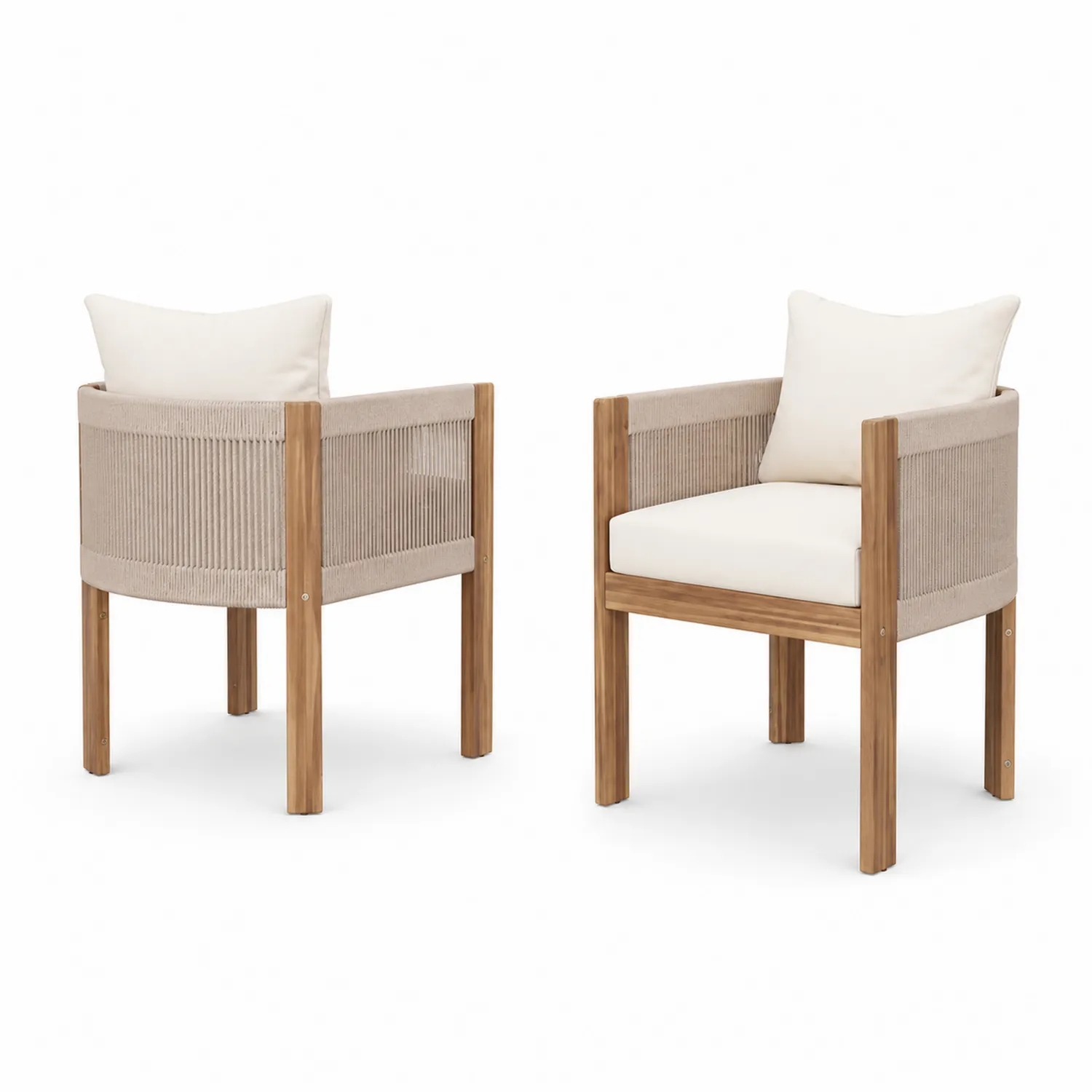 Conjunto de sillas de madera de teca y cuerda con cojines color crema