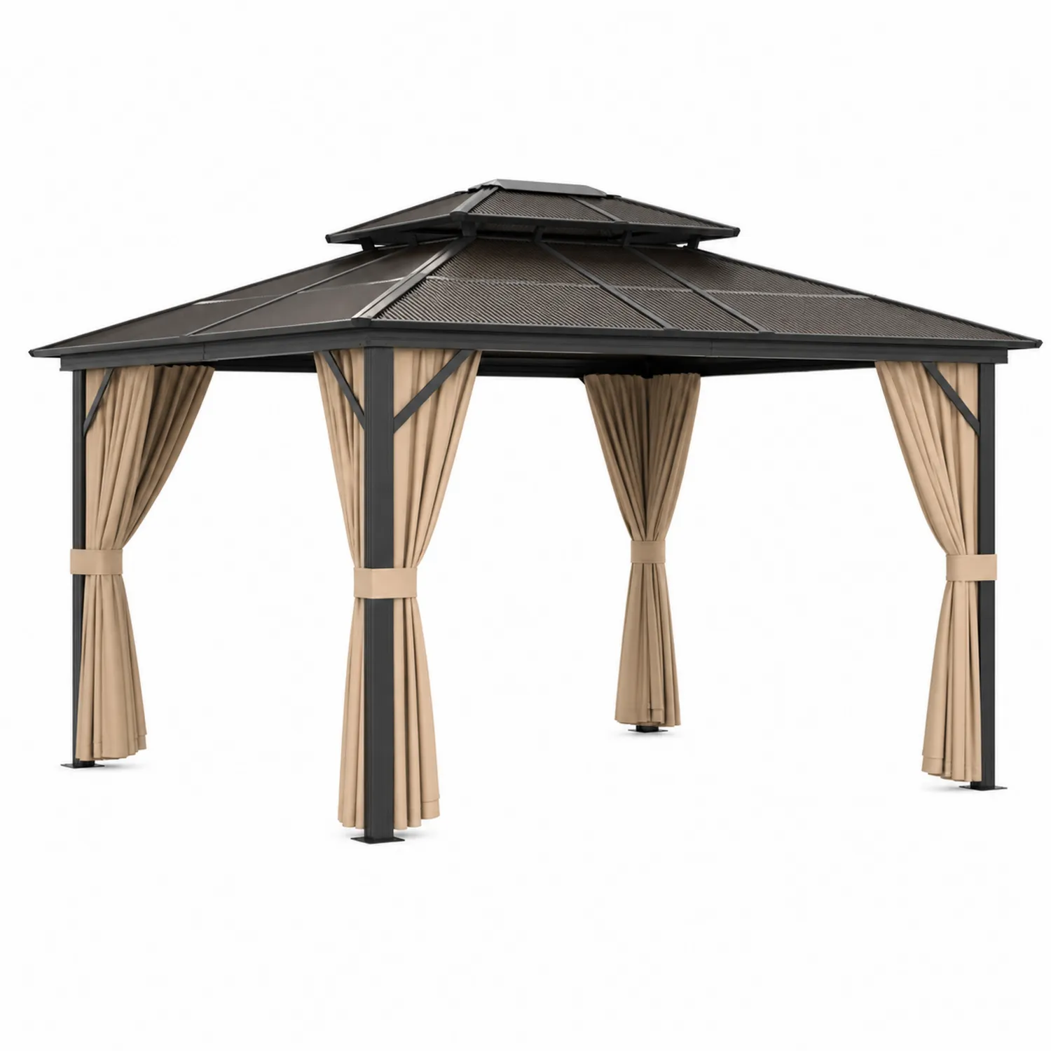 Cenador de Aluminio con Techo de Policarbonato y Cortinas Beige