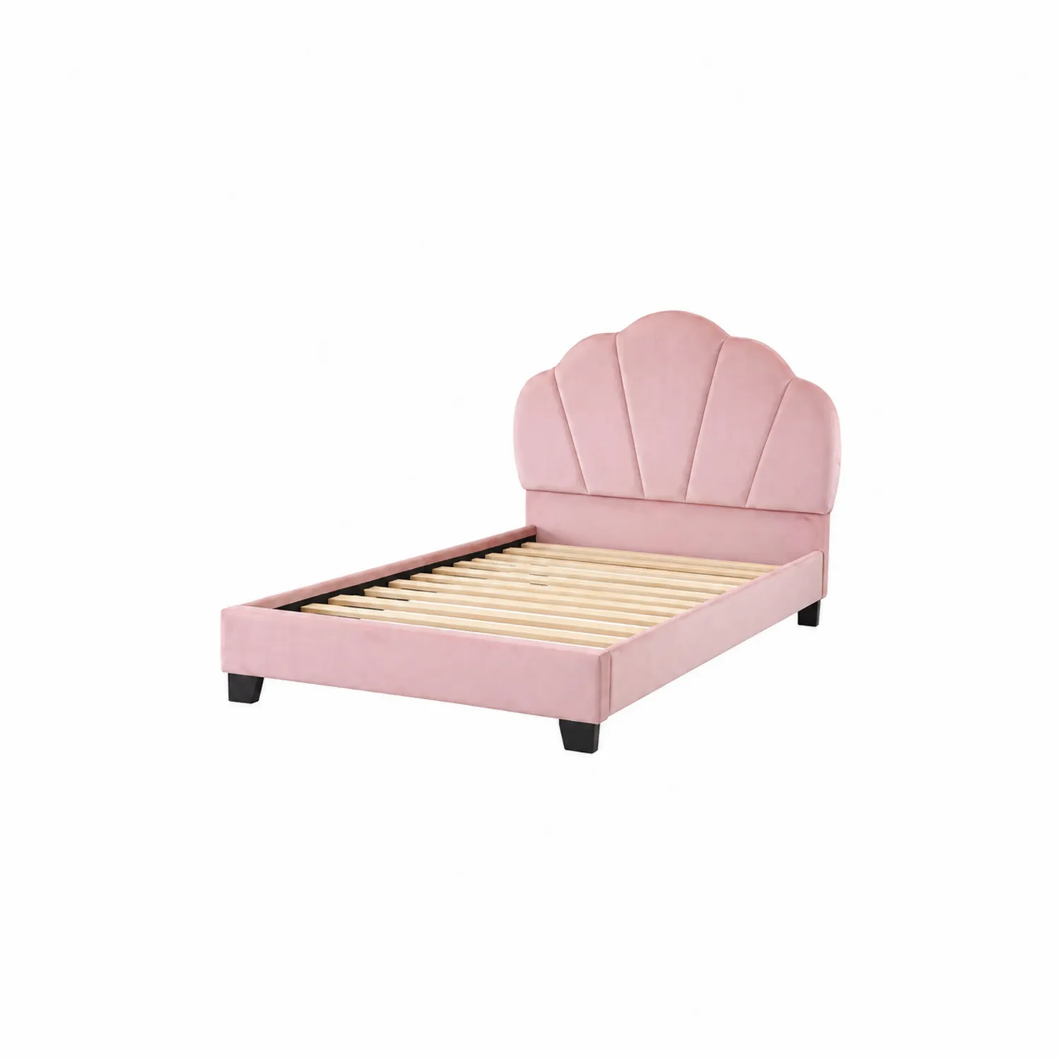 Cama individual de terciopelo rosa con cabecera en forma de concha