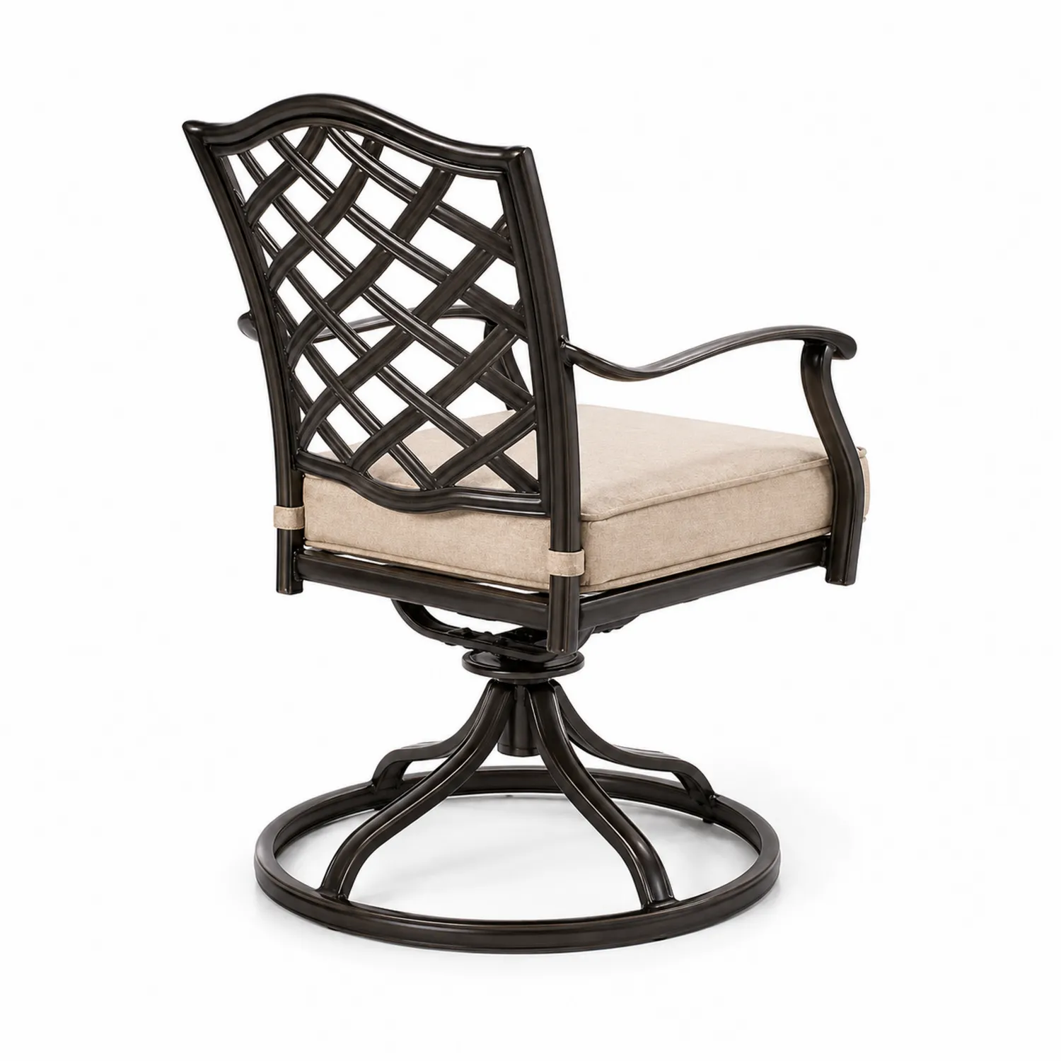 Silla giratoria de aluminio con cojín beige y respaldo entrelazado