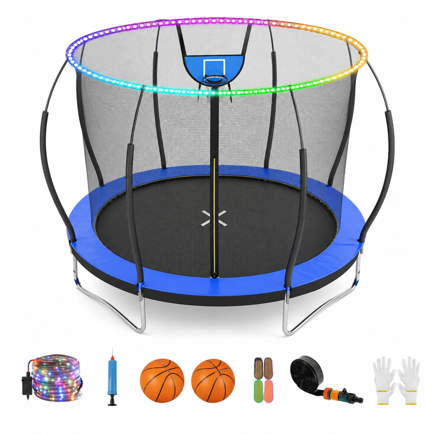 Cama elástica redonda con red de seguridad y luces LED 244 cm azul