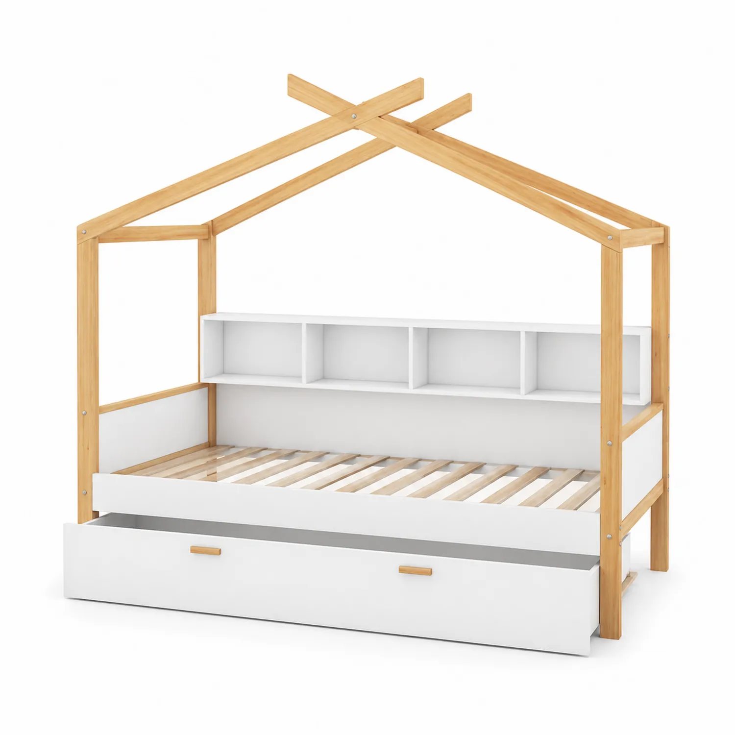 Cama infantil de madera con cajón y estructura de casa 200x90 cm Blanco/Natural