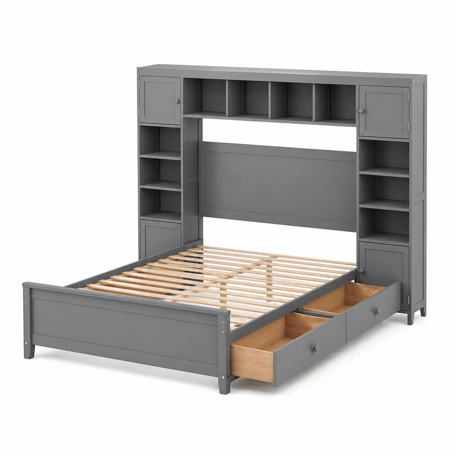 Cama de madera con almacenamiento y estanterías integrada en gris